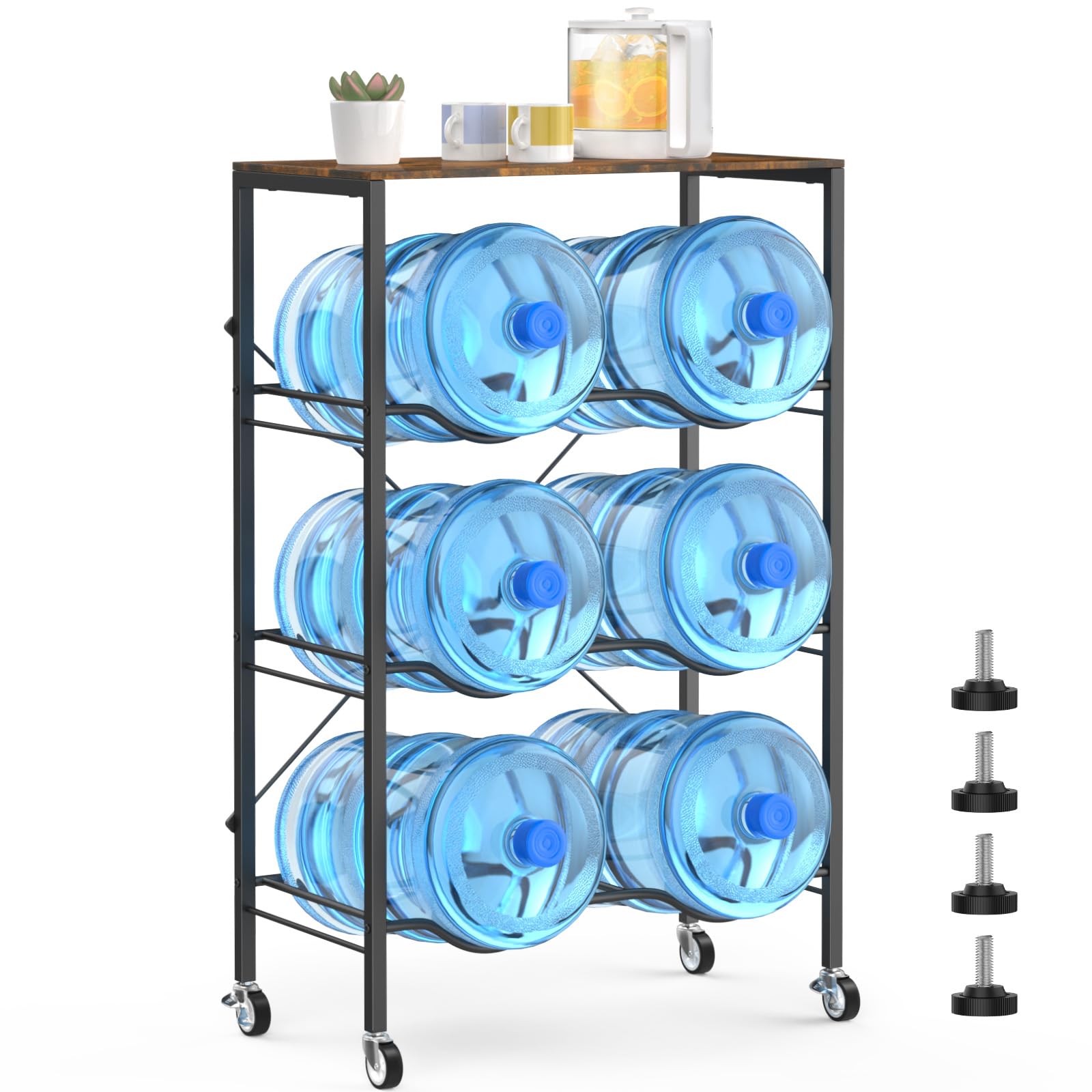 Housolution 3 Tier 5 Gallon Water Jug Holder 6-Tray Water Jug Rack with Top Shelf and 4 Wheels Heavy Duty Movable Water Jug Stan