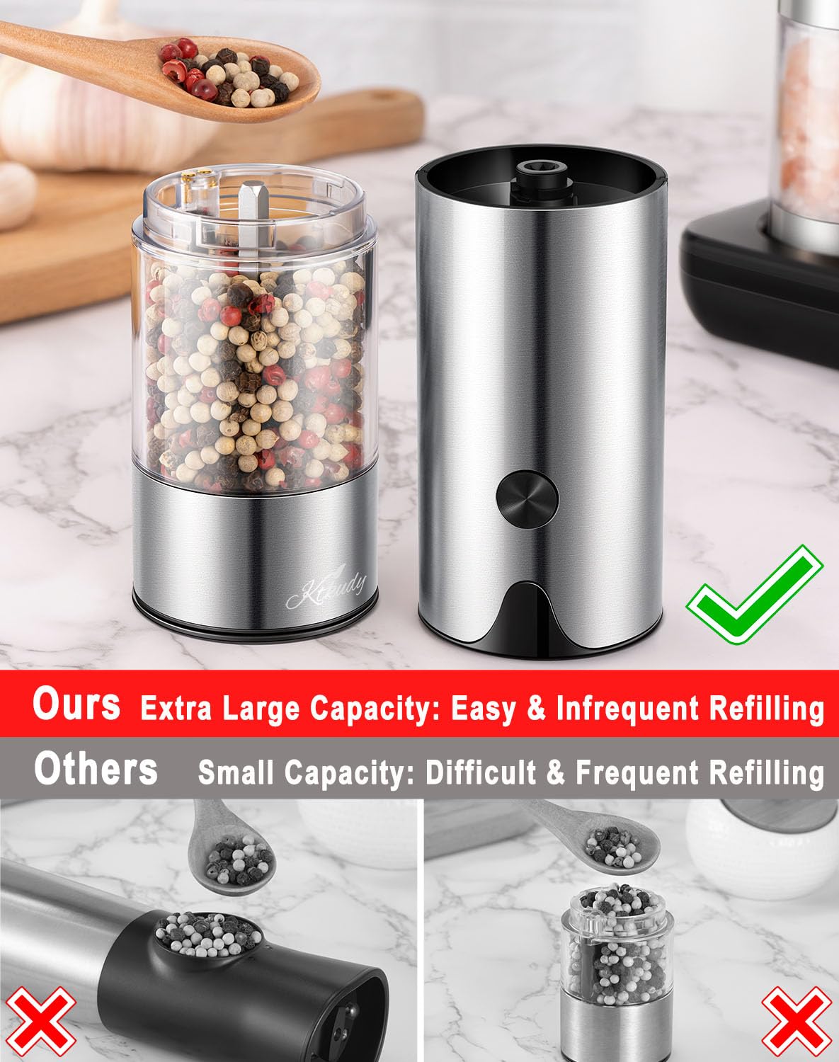 Rechargeable Electric Salt And Pepper Grinder Set - Extra Large Capacity - Automatic Black Peppercorn & Sea Salt Spice Mill Set