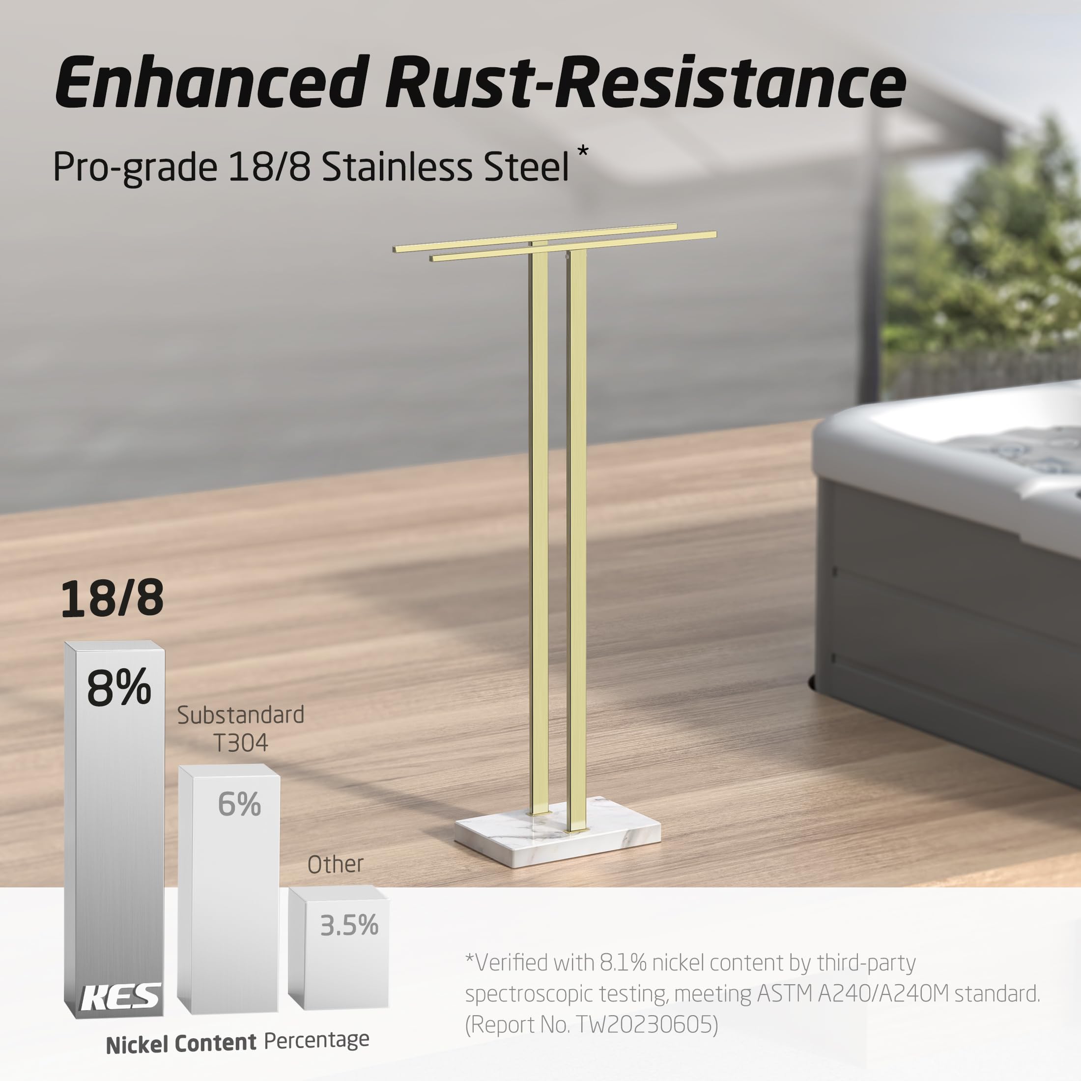 Kes Standing Towel Rack With Marble Base, 37'' H (Equal Height) Gold Towel Rack For Bathroom Floor, Towel Rack Stand Fits Large