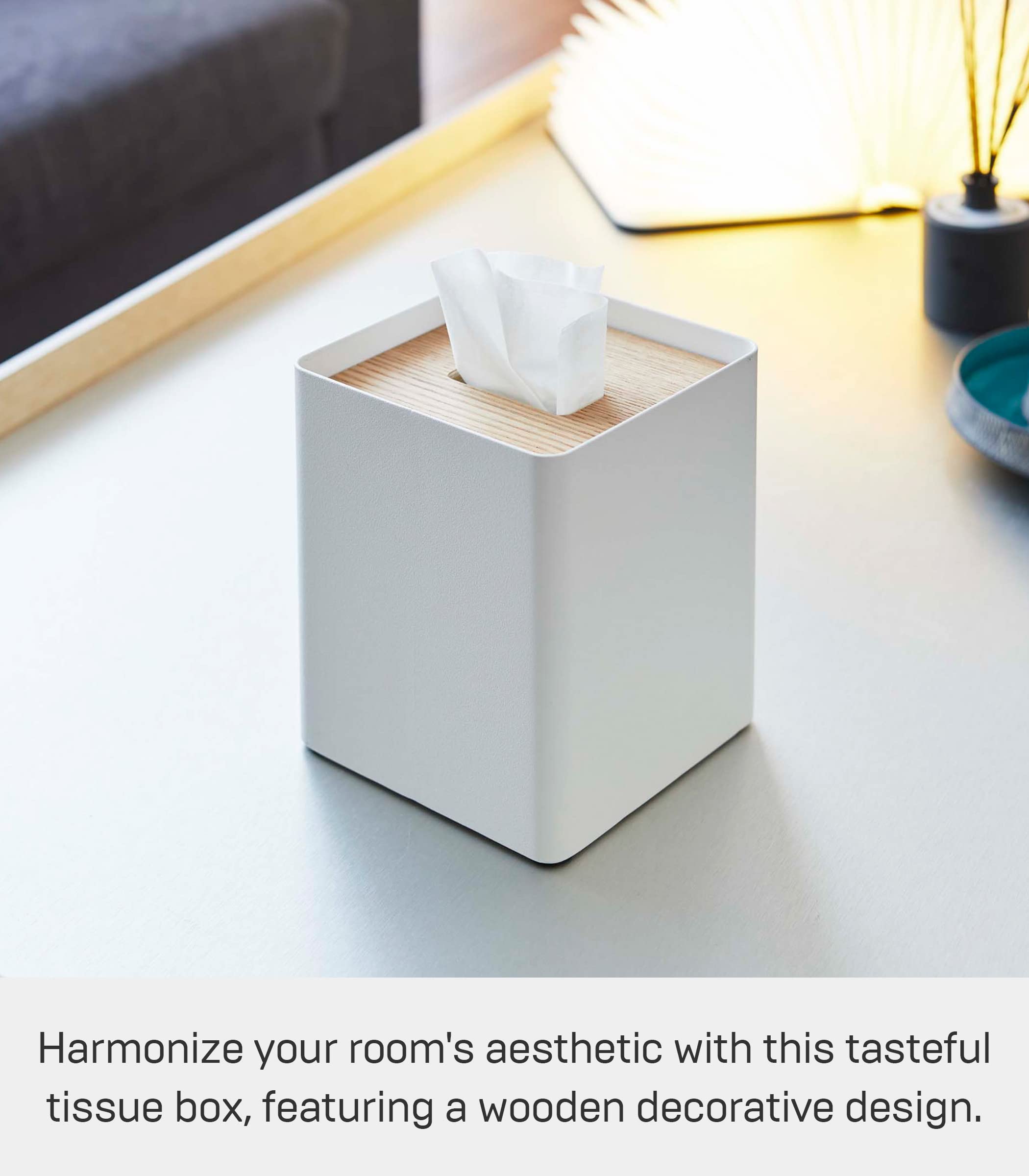 Yamazaki Home Rin Reusable Tissue Box Cover Metal Holder Container Case With Natural Wooden Lid - Steel