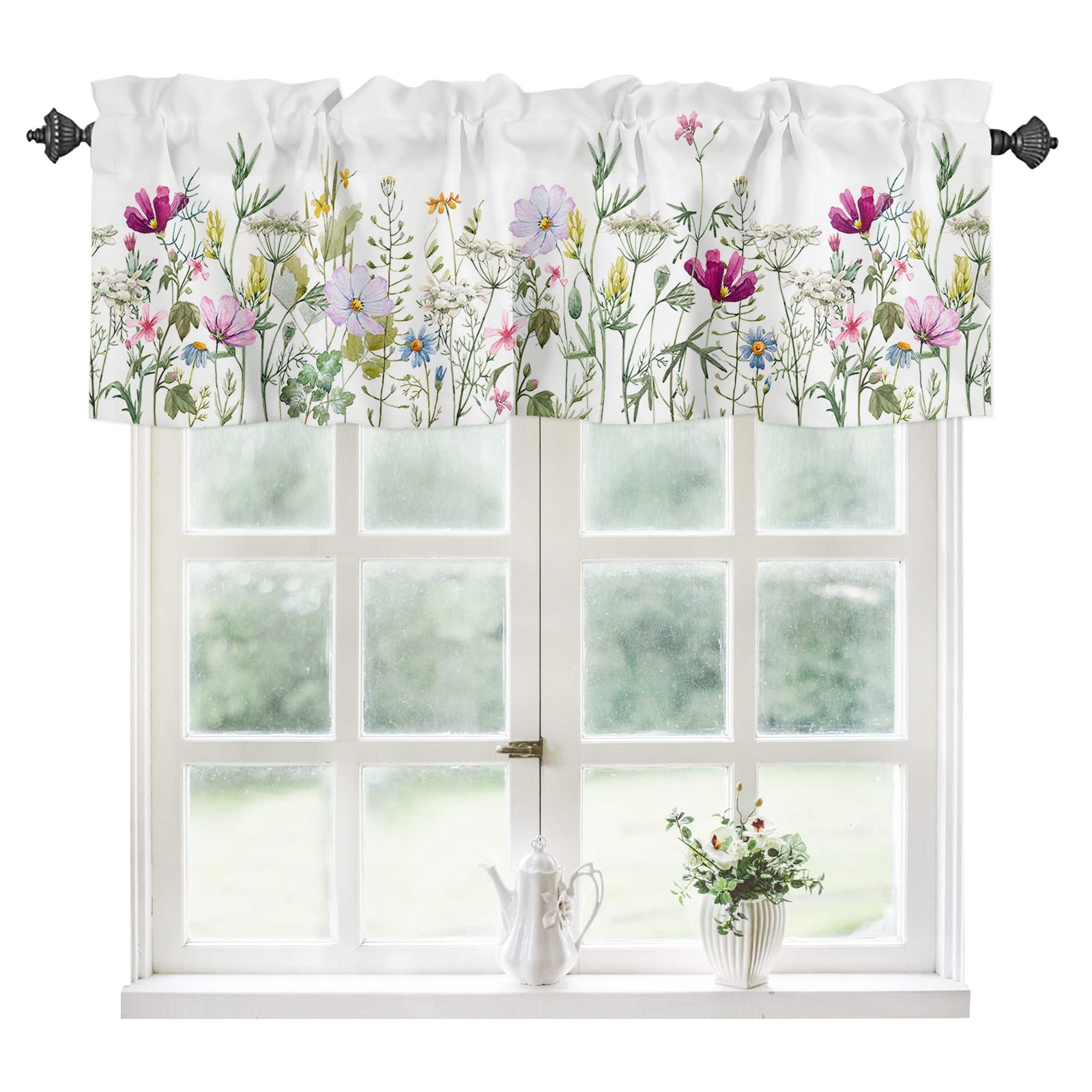 YOKOU Floral Kitchen Curtains Valances, Wildflowers Spring Watercolor Flower Plants Short Rod Pocket Valances for Windows for Be