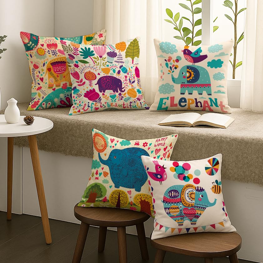 STITCHNEST Unique Cute Elephant Cartoon Blue Printed Canvas Cotton Cushion Covers, Set of 5 (16 x 16 Inches)