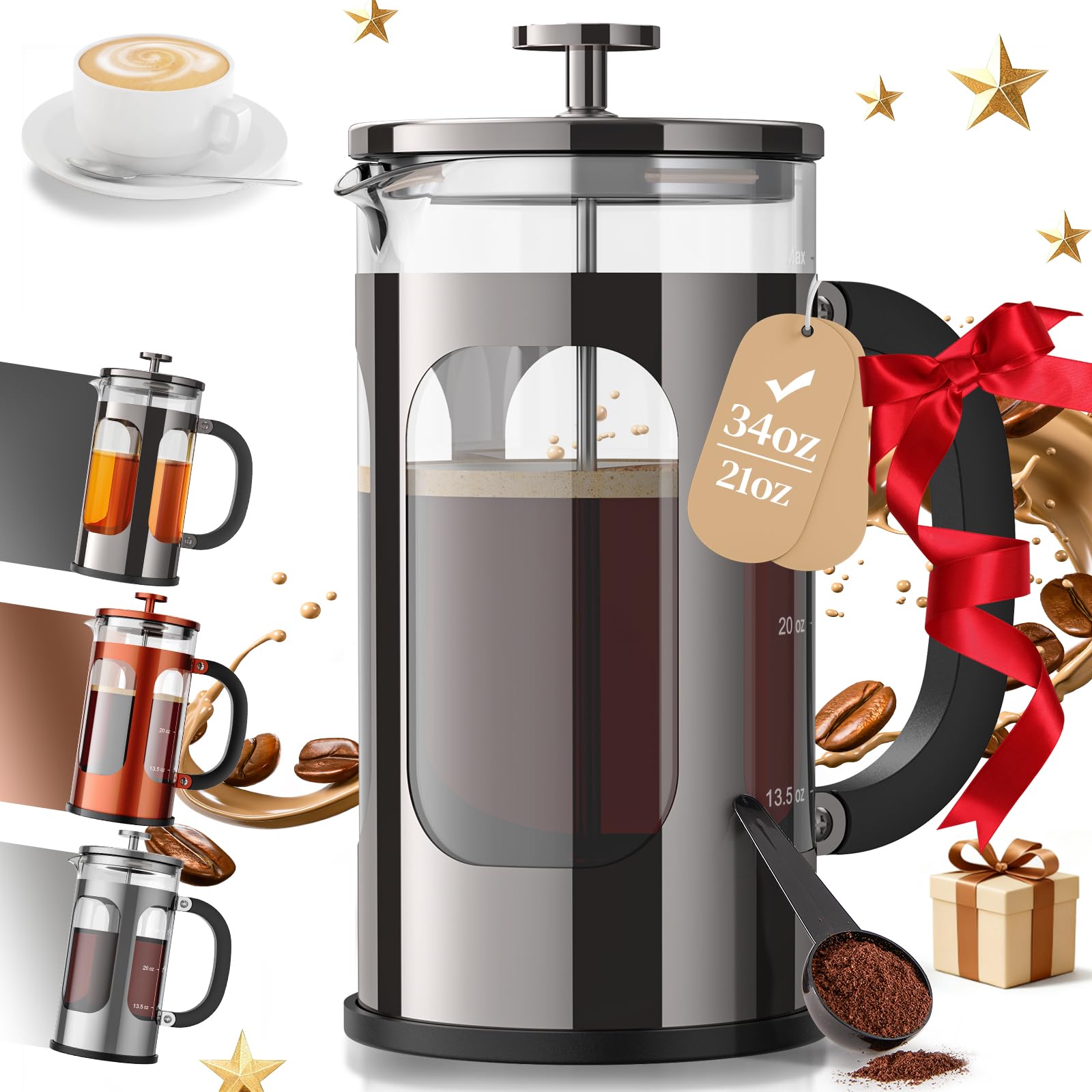 Veken French Press Coffee Maker 34oz,No Plastic Touching Cafe,Borosilicate Glass Stainless Steel Brewer,Cold Brew Cafetera Teapo