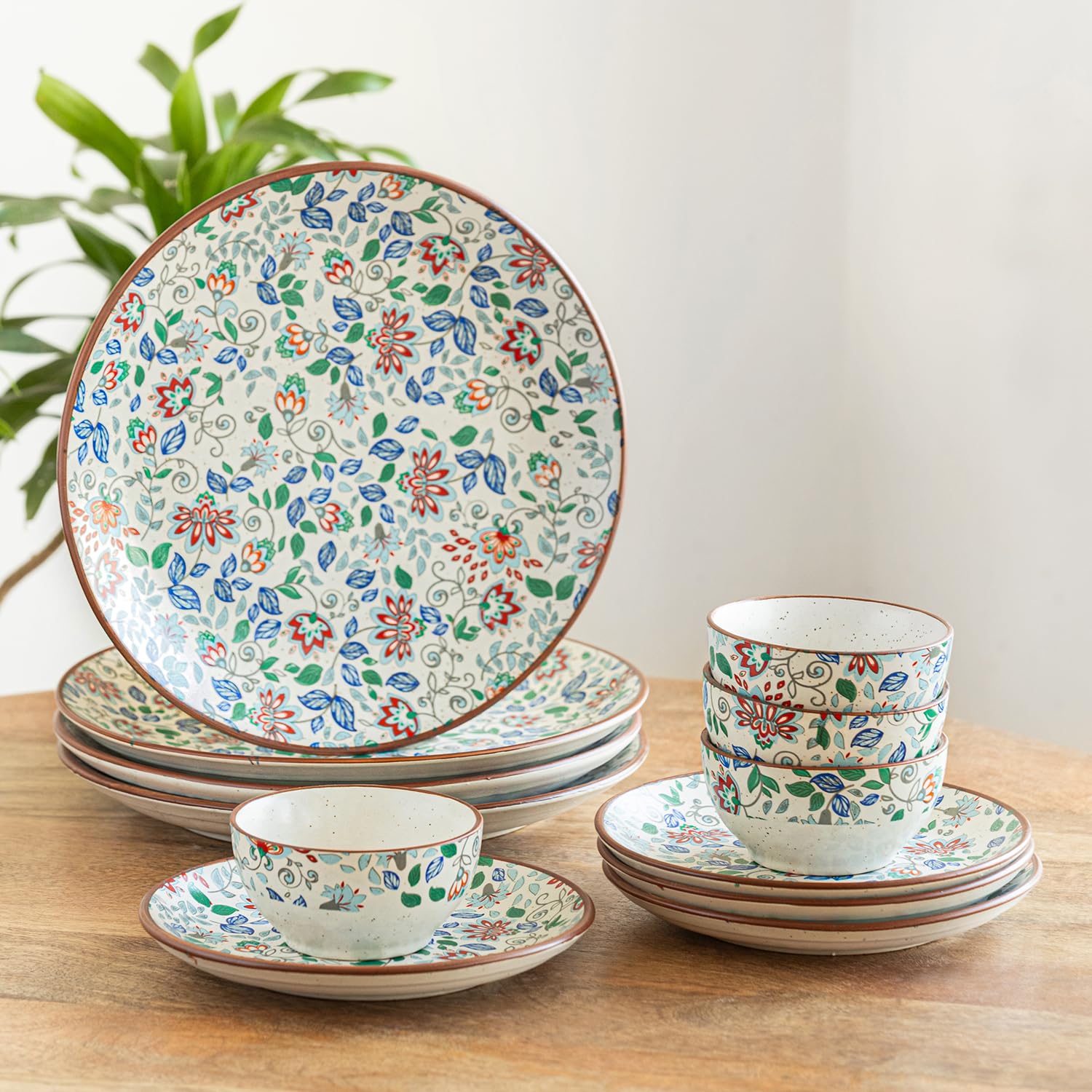 Exclusivelane 'Spring Garden' Handcrafted Ceramic Dinner Set Ceramic Dinner Plates And Bowl Set (12 Pieces- 4 Dinner Plates, 4 Q