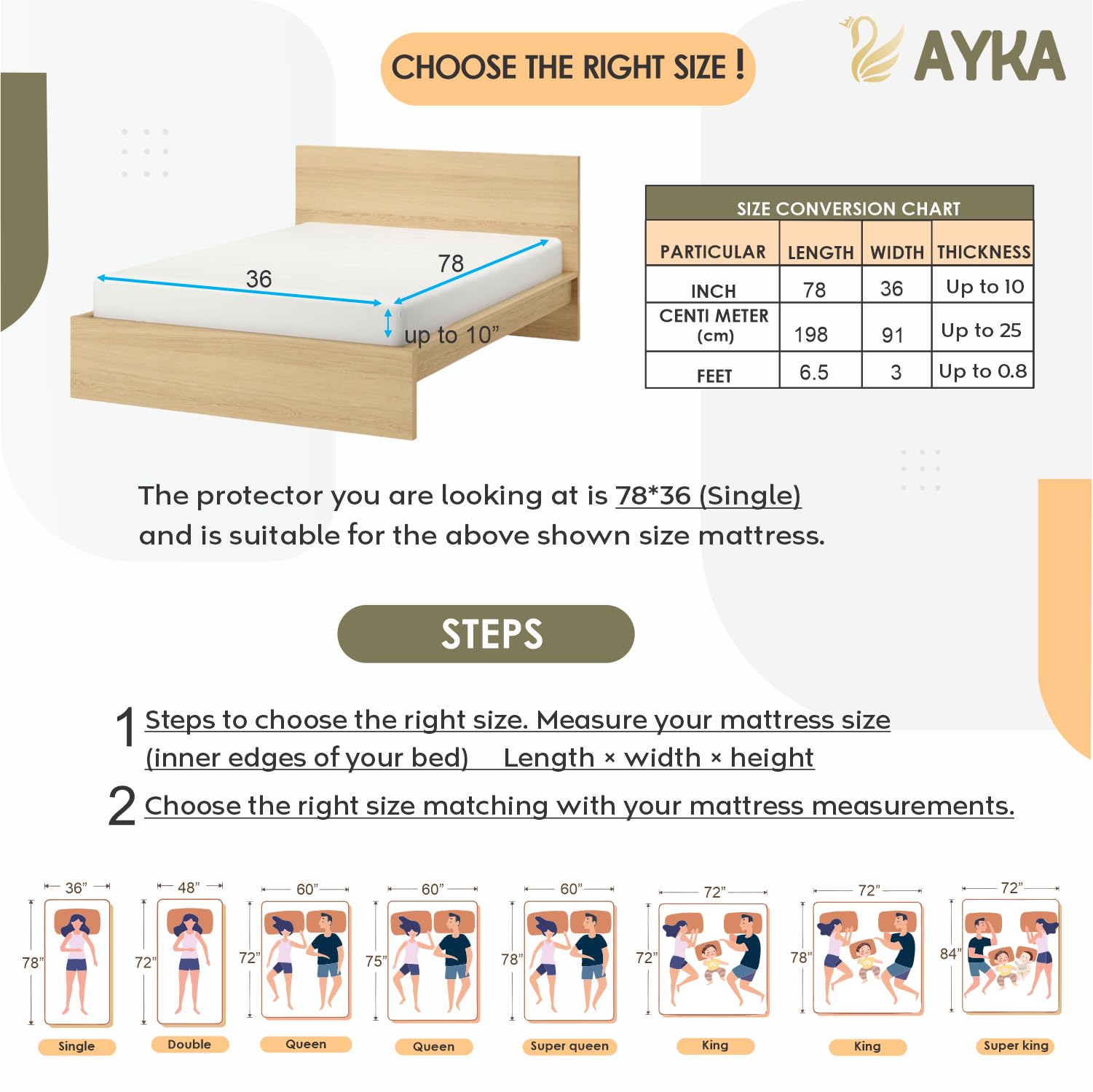 Ayka Waterproof Cotton Quilted Mattress Protector Single Size Breathable Hypoallergenic Noiseless Ultra Soft Fitted Bed Protecto