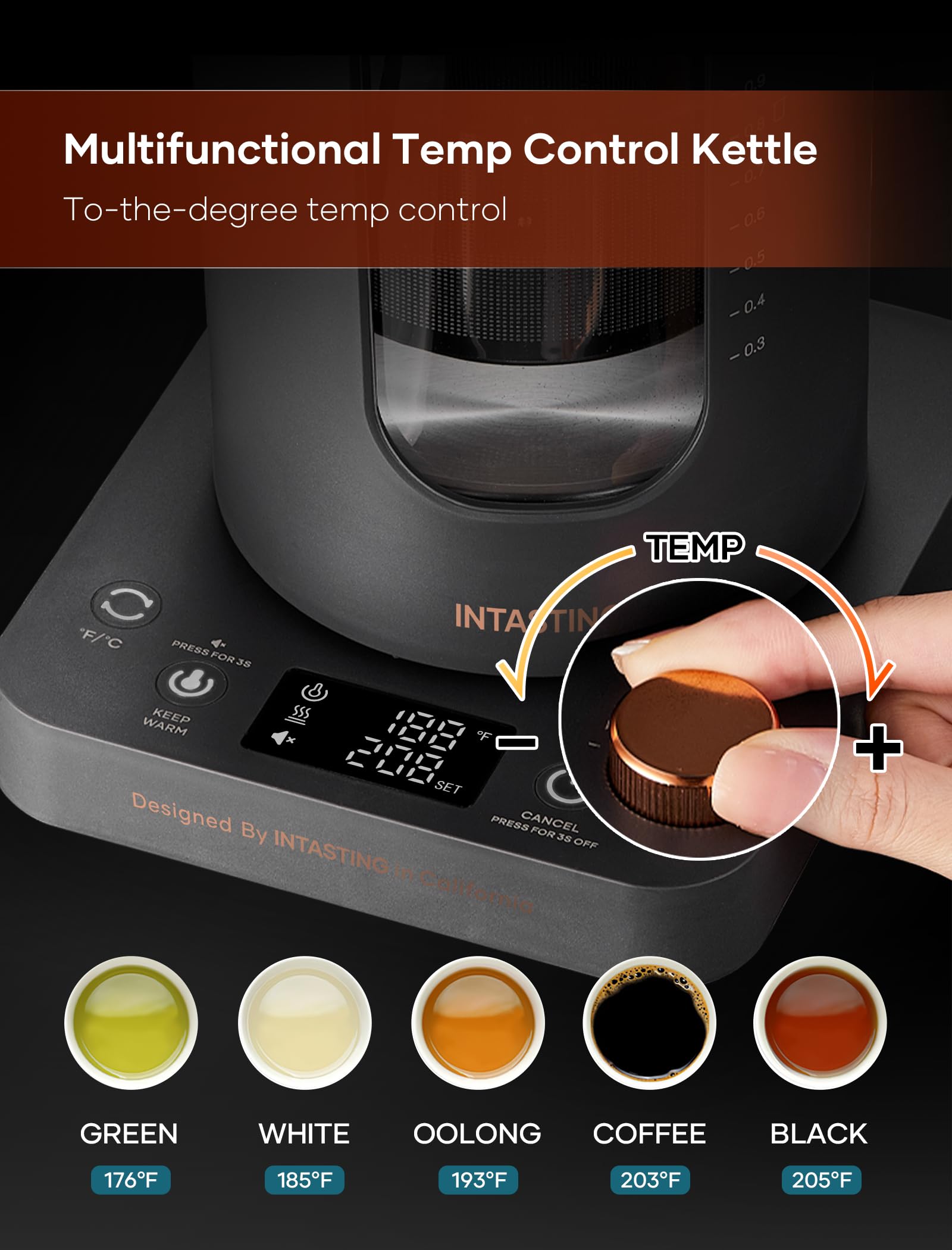 Electric Tea Kettle, Intasting Glass Electric Kettle With Tea Infuser And Precise Knob Temperature Control, 1200W Fast Heating,