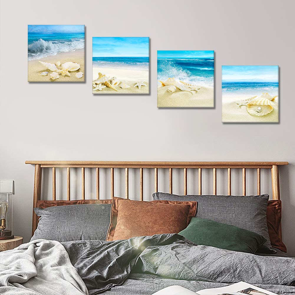 Artscope 4 Pieces Canvas Prints Wall Art - Beach Shells And Sea Picture Painting- Modern Wall Artwork Framed For Bathroom Home O