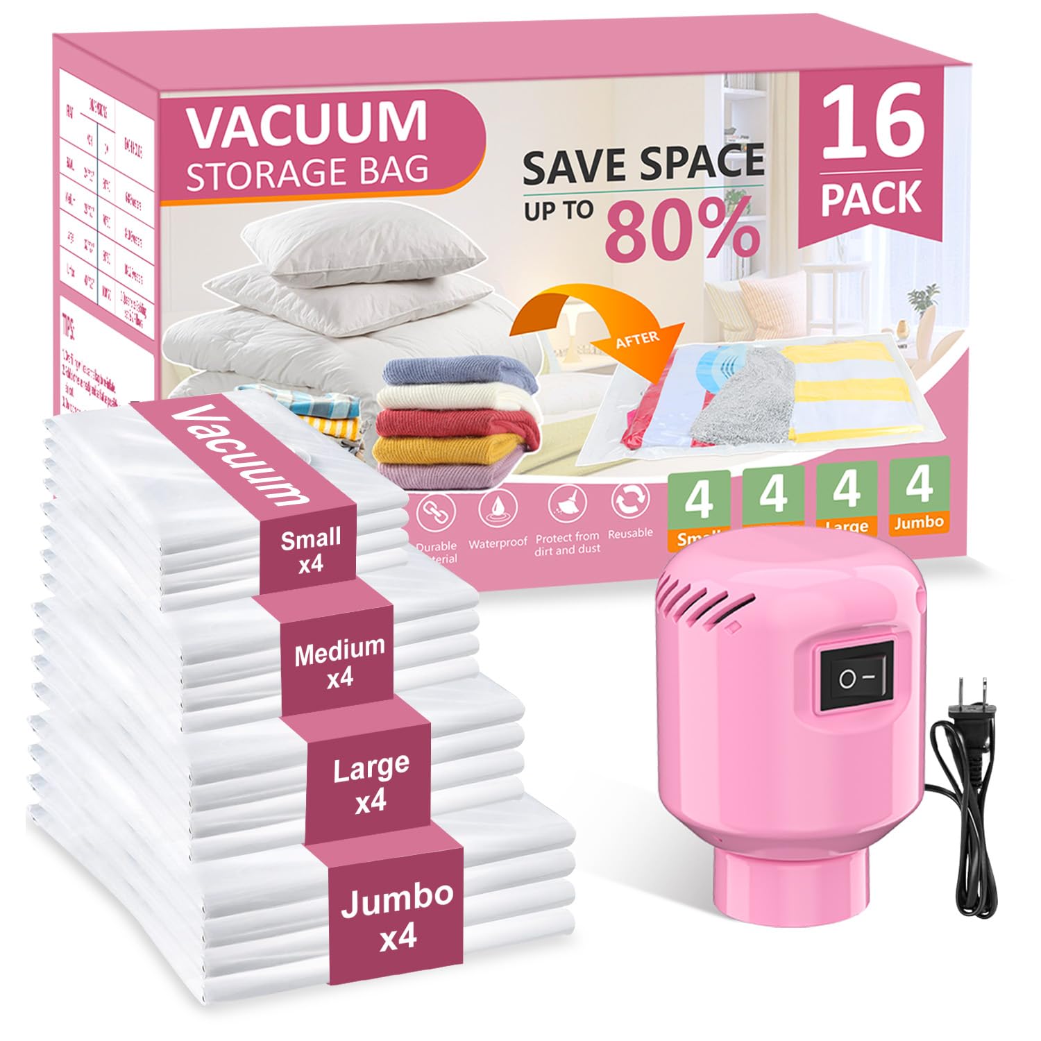 Vacuum Seal Bags for Clothing Travel, 16 Pack Space Saver Vacuum Storage Bags with Electric Pump,Portable Compression Sealer for