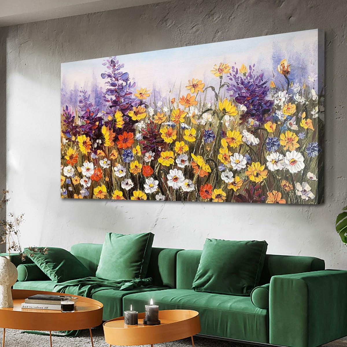 Ardemy Flowers Wall Art Canvas Daisy Colorful 3d Textured Picture Landscape Wildflowers Painting  Purple Yellow Floral Artwork Large Framed for Living Room Bedroom Bathroom Office Home Decor 48''x24''