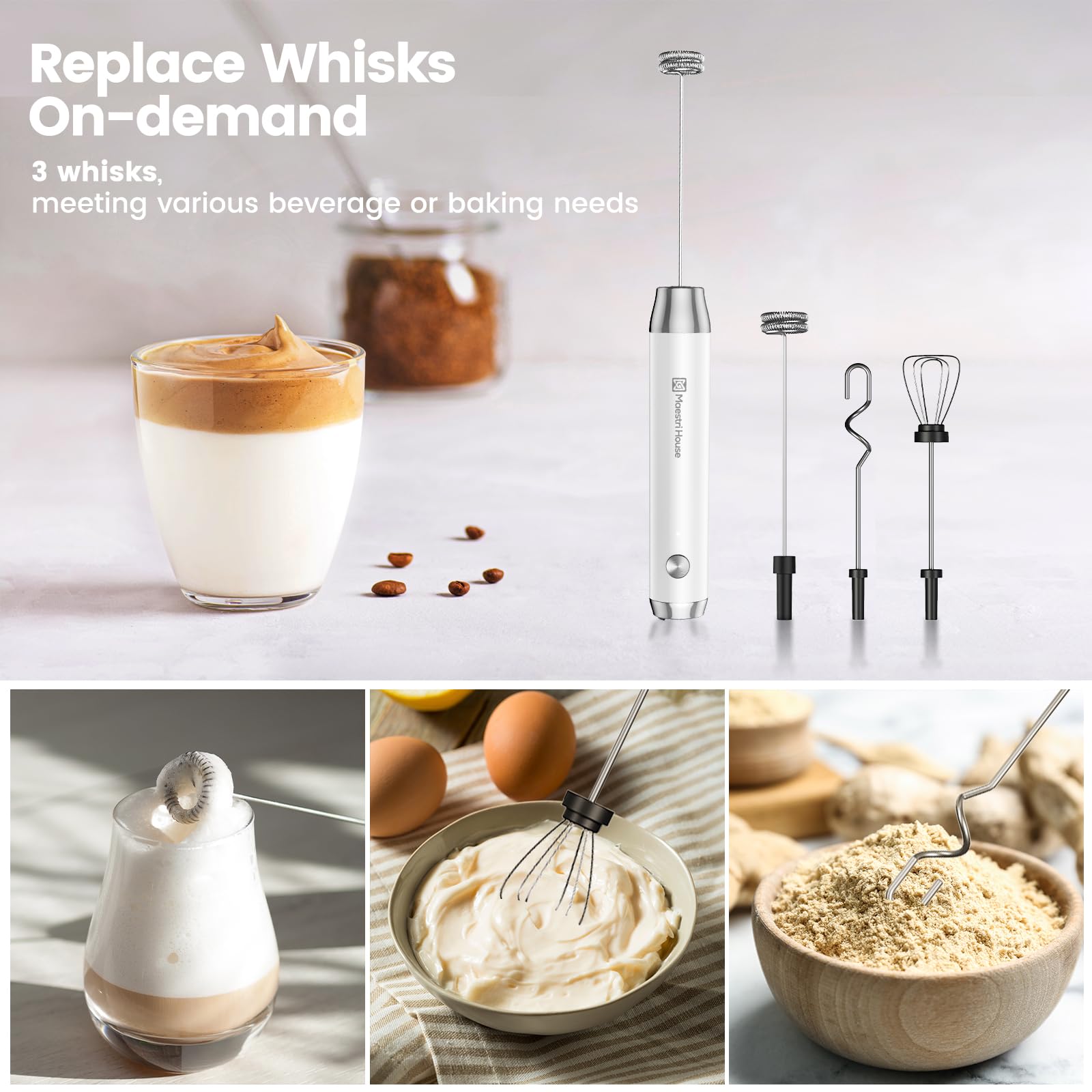 Maestri House Rechargeable Milk Frother With 3 Heads, Handheld Electric Foam Maker Waterproof Detachable Stainless Steel Whisk D