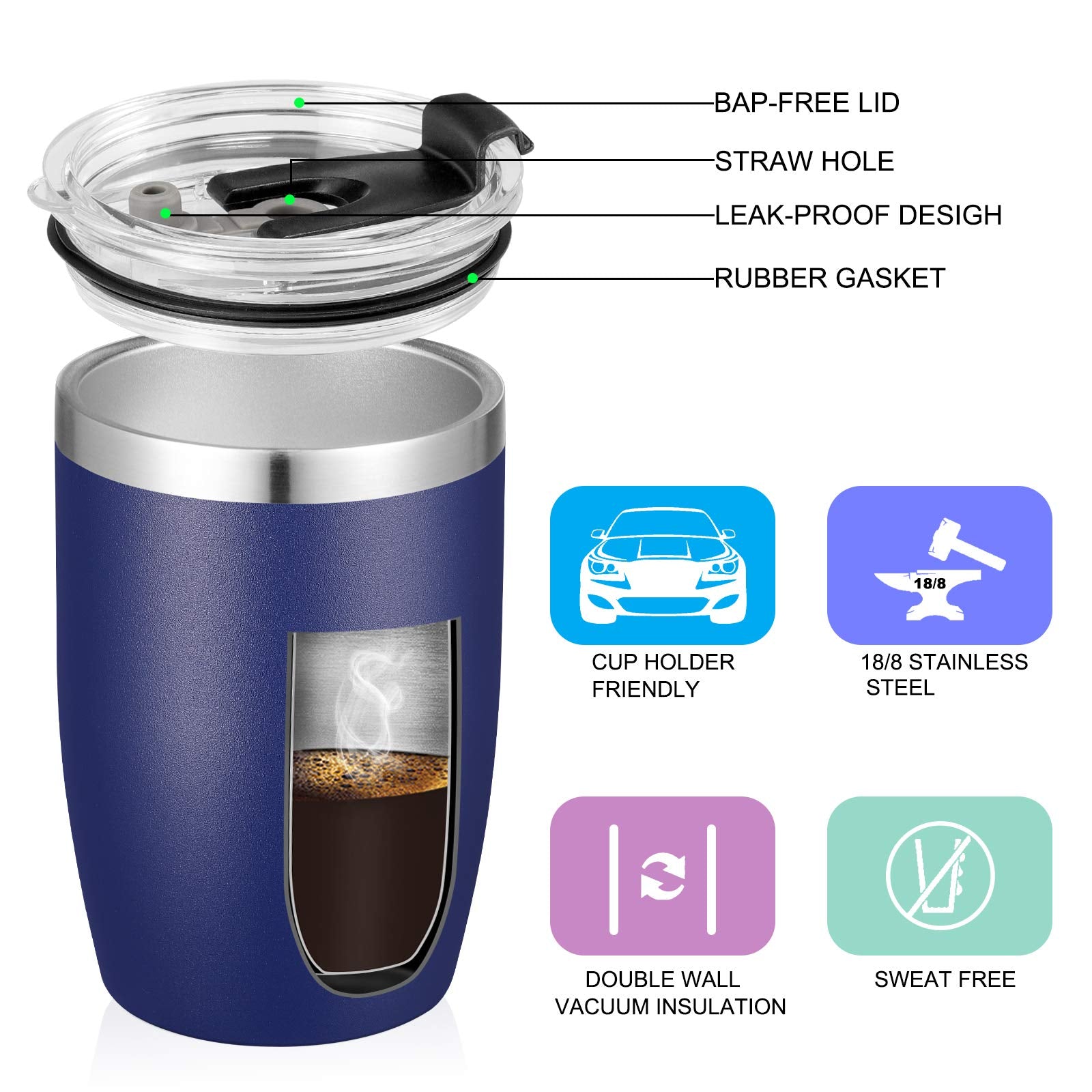 Vegond Stainless Steel 12 Oz Tumblers Bulk Vacuum Insulated Double Wall Travel Tumbler With Lid And Straw Reusable Tumbler, Navy