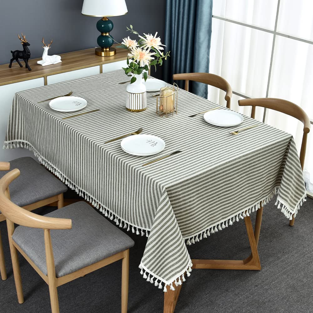 Trudelve Cotton Blend Tablecloth Green Striped Tablecloth With Tassels Boho Tablecloths For Rectangle Tables (Green,86 ''X55 '',