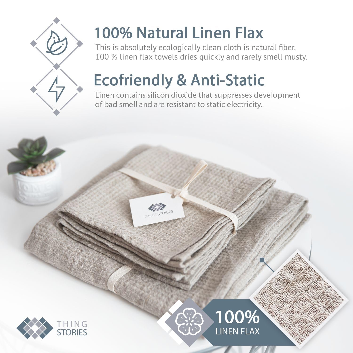 Pure 100% Linen Hand Towels - Set Of 2 Linen Kitchen Towels Waffle Weave Natural Color - 13 X 29-Inch Soft Lightweight Stone-Was