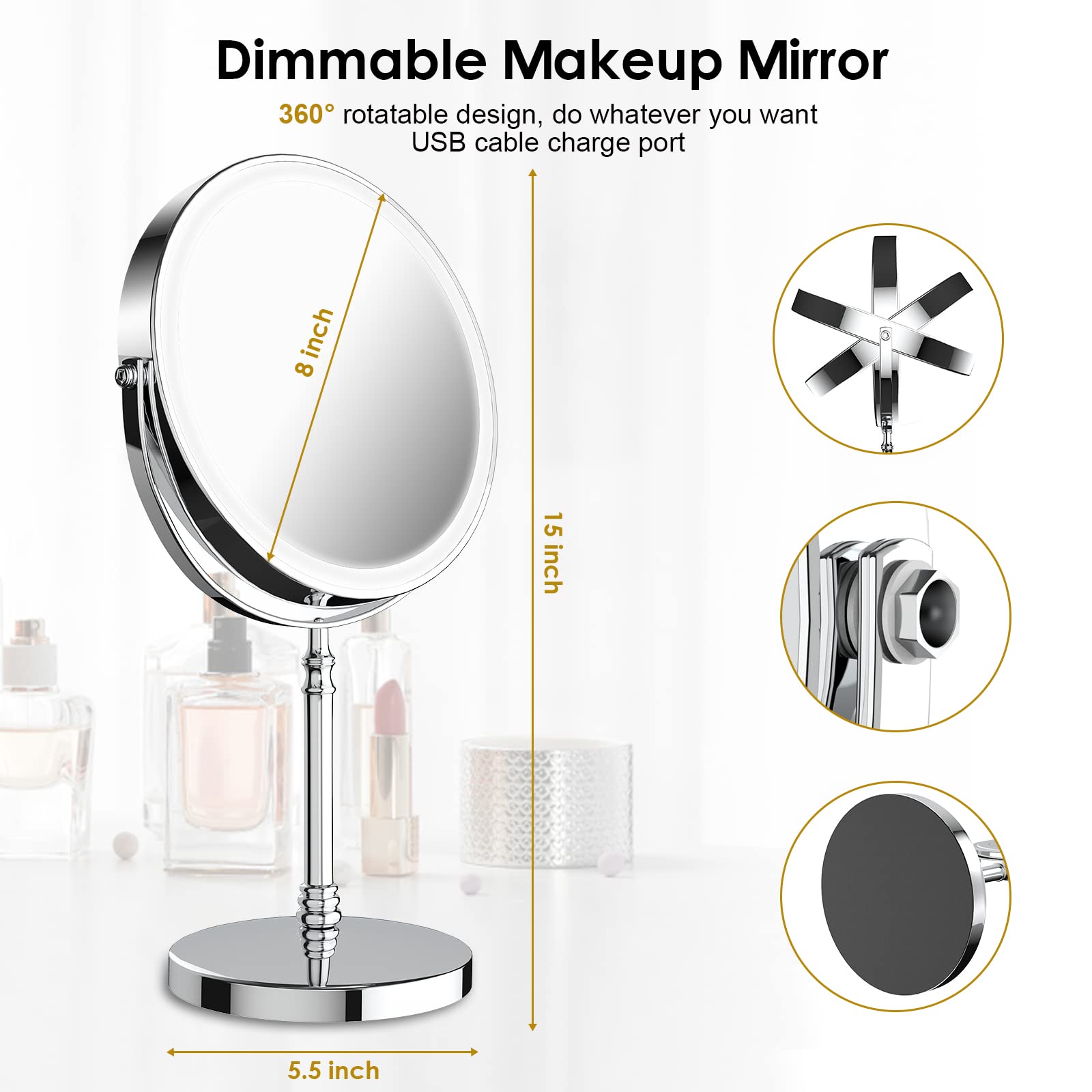 Lighted Makeup Mirror, 8'' Rechargeable Double Sided Magnifying Mirror With 3 Colors, 1X/10X 360 Rotation Touch Screen Vanity Mi