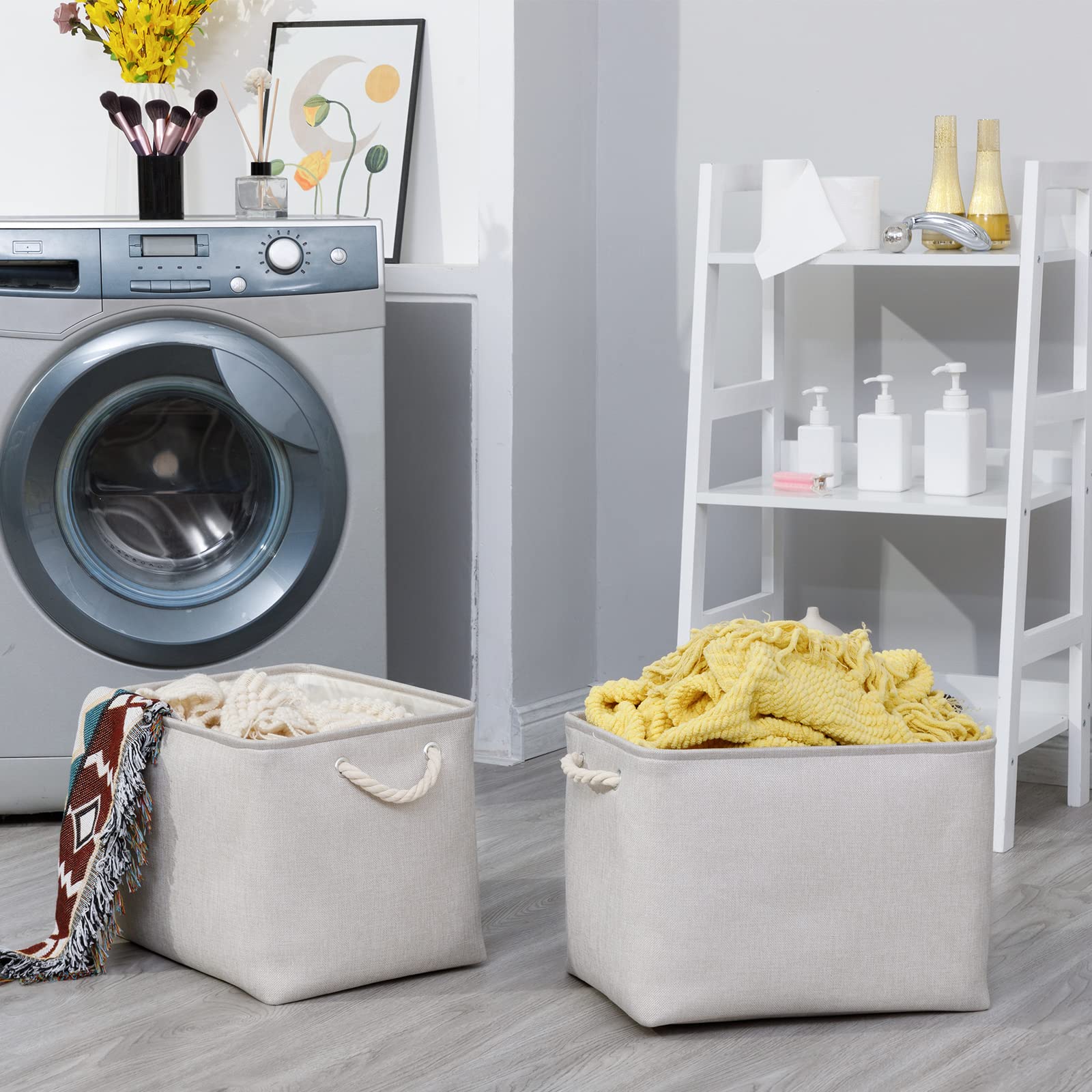 Bidtakay Large Fabric Storage Bins Beige Linen Closet Organizers Set Of 2 Baskets For Shelves Clothes Bedroom 16X11.8X11.8 Inch