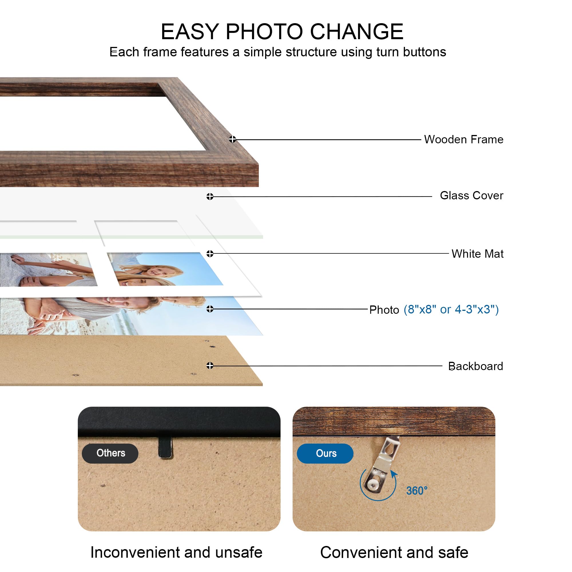 Hongkee 8x8 Picture Frame Set of 2, with Glass and Rustic Brown Wood Frames, Display Collage Four Opening 3x3 With Mat or 8 x 8