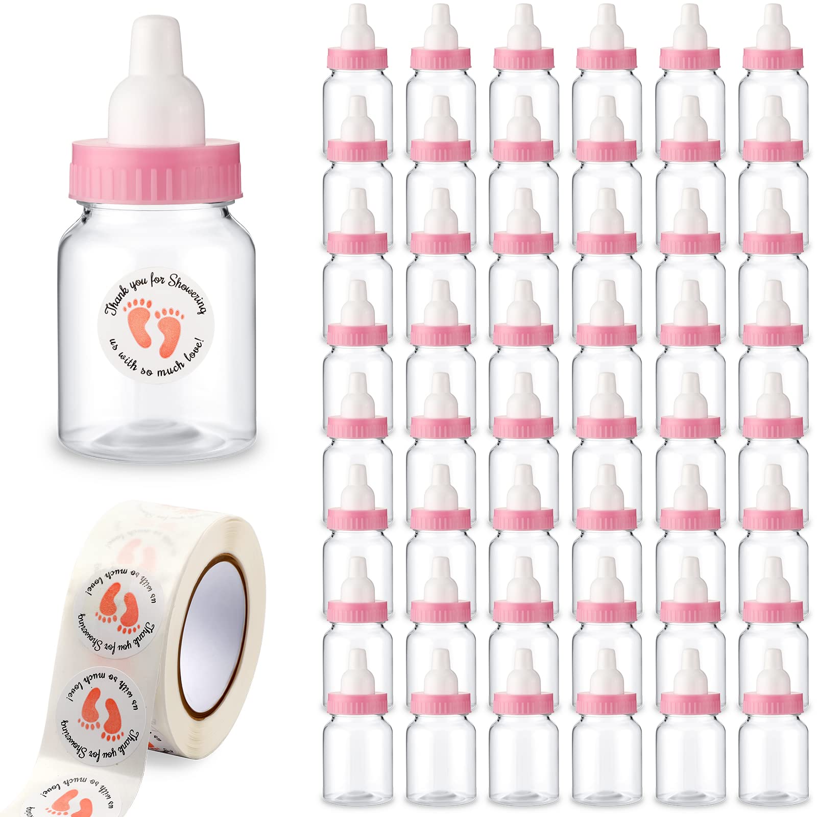 Tondiamo 48 Pcs Pink Baby Shower Mini Bottle Favors 1. 5 x 3. 5 Inch Baby Shower Candy Jar Mini Milk Bottle Party Favor Fillable