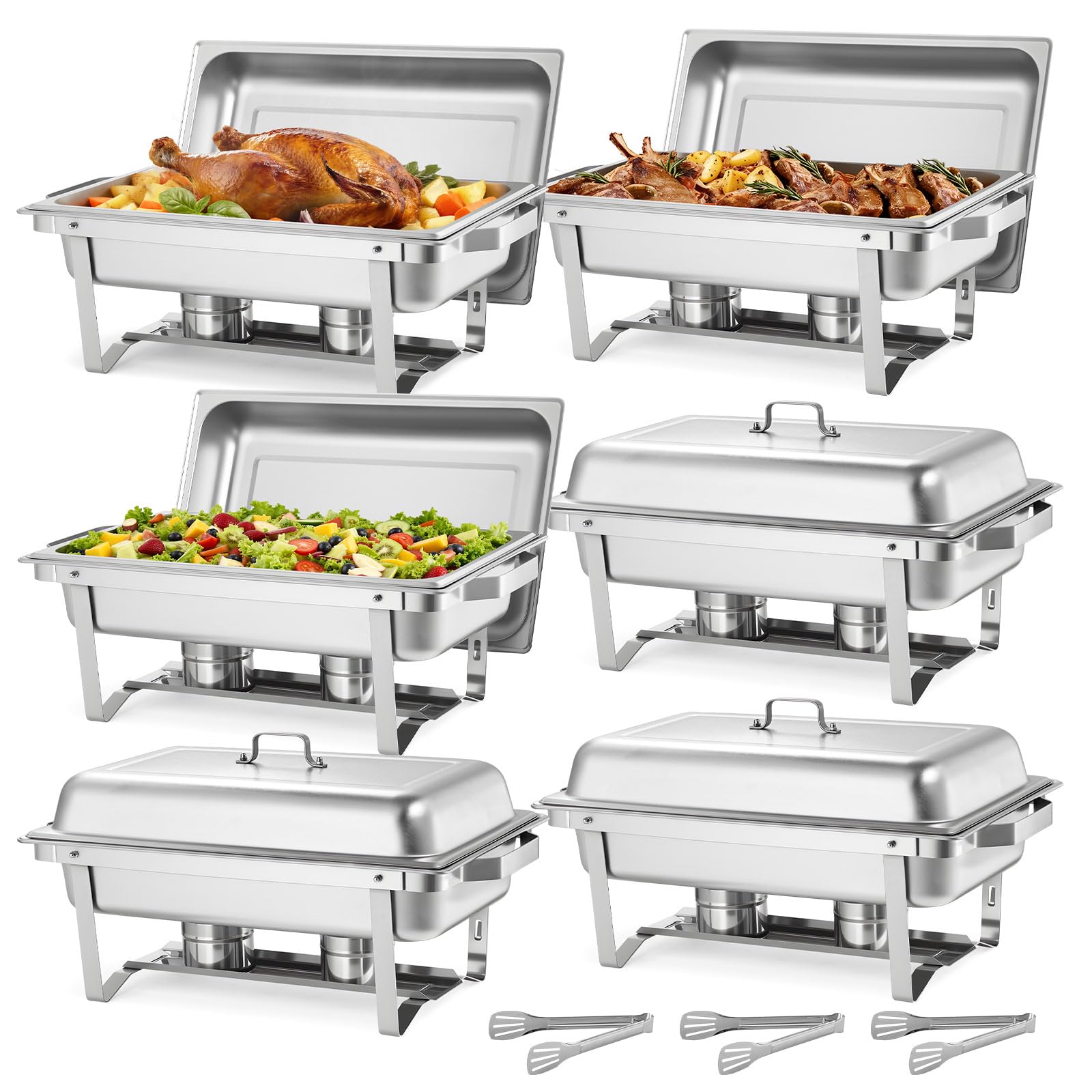 VEVOR Rectangle Chafing Dishes, 9 Qt 6 Pack Stainless Steel Chafing Dish, Food Warmer Chafer Complete Set with Hollow Handle, 3 
