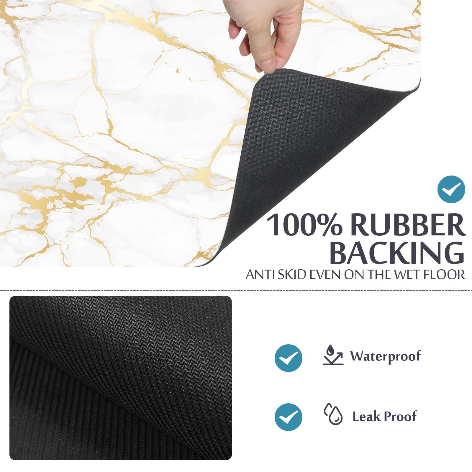 Emmteey Bathroom Rugs Sets 3 Piece, Gold White Marble Toilet Mats Bath Mat Set Non Slip Super Absorbent Bathroom Mat Quick Dryin