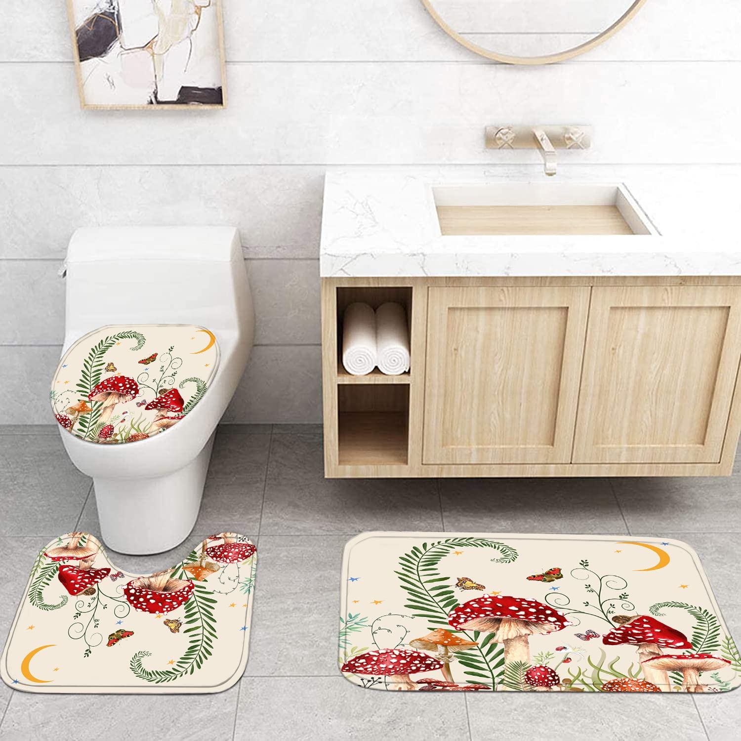 4PCS Mushroom Butterfly Flower Shower Curtain Set with Non-Slip Rugs  Toilet Lid Cover and Bath Mat  Moon Stars Shower Curtain with 12 Hooks  Durable Waterproof Retro Bathroom Decor Set