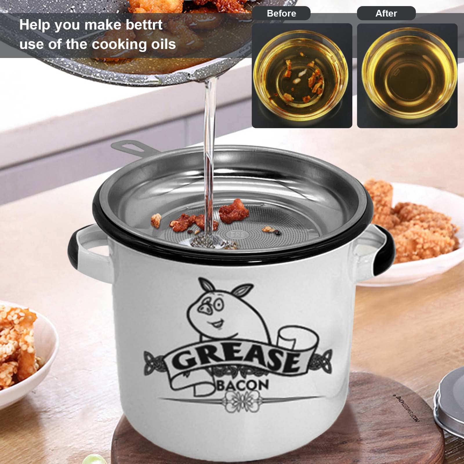 Roadmap 1.5L White Enamel Bacon Grease Container With Strainer, Grease Canister With Cute Pig Pattern, Bacon Grease Saver, Oil S