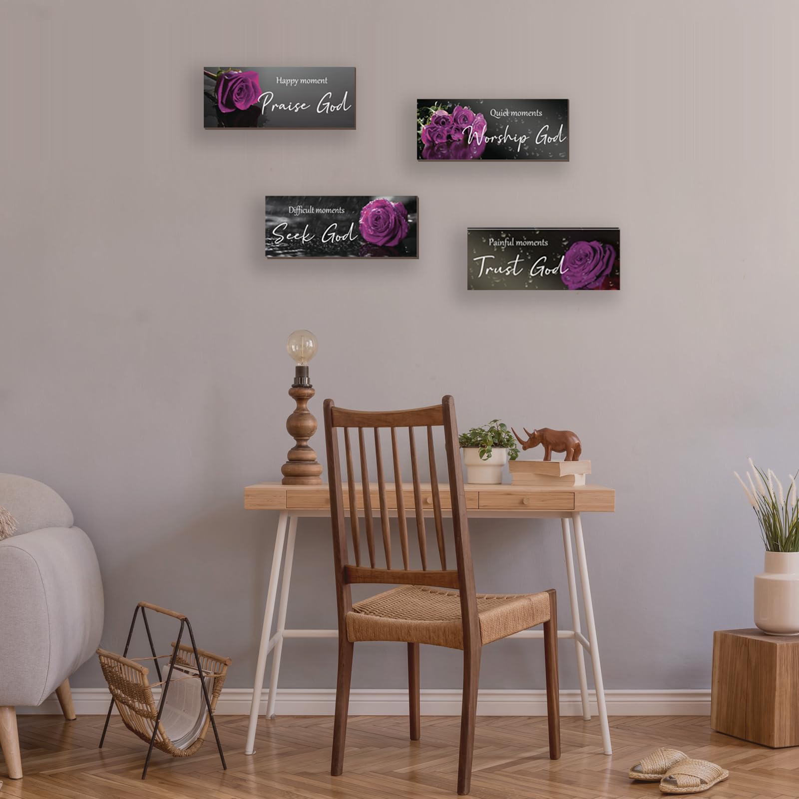 ONIZHITY 4pcs Purple Bathroom Decor Religious Wall Art Bible Verse Inspirational Rose Wall Decor Rustic Wooden Christian Sign fo
