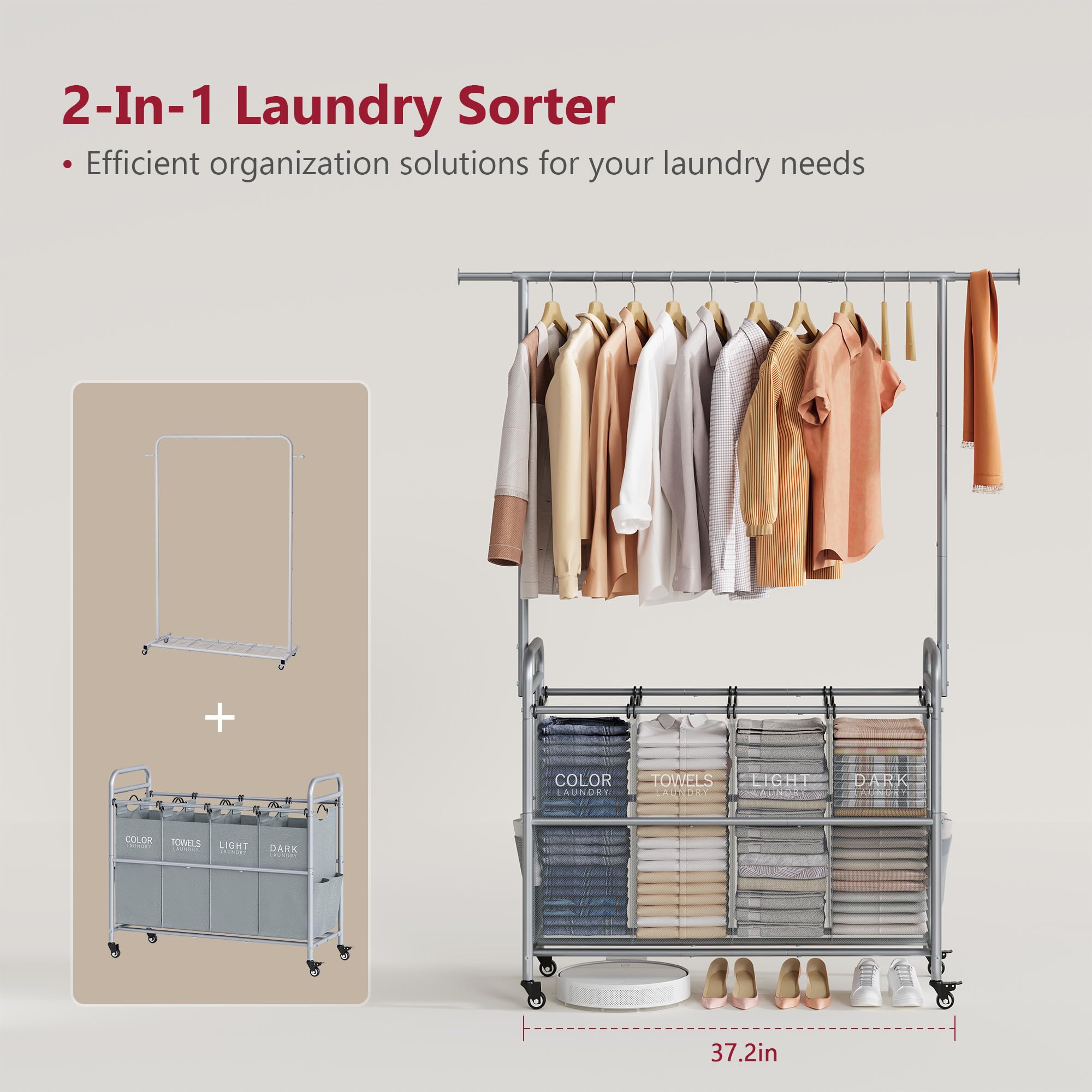 Tajsoon Laundry Sorter With Hanging Bar, 4 Section Rolling Laundry Hamper With Heavy Duty Lockable Wheels, Laundry Sorter Cart F