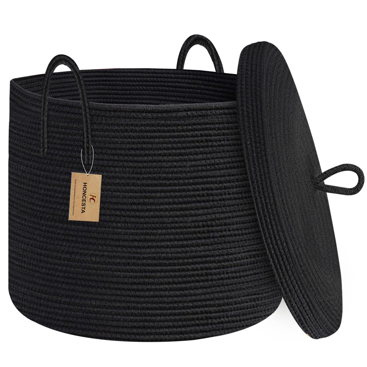 Honcesta 18'' X 14'' Large Black Basket With Lid, Cotton Rope Storage Basket For Blanket, Toy, Pillow, Towel, Living Room Bedroo