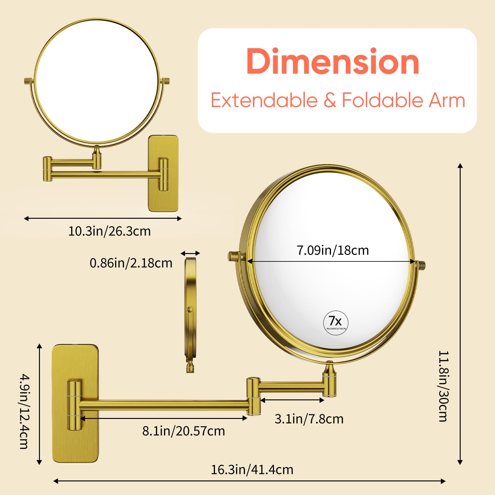 Gurun 8'' Wall Mounted Makeup Mirror With 7X Magnification,Two-Sided Swivel Bathroom Mirror,Brushed Gold Finish M1406Gj(8'',7X)
