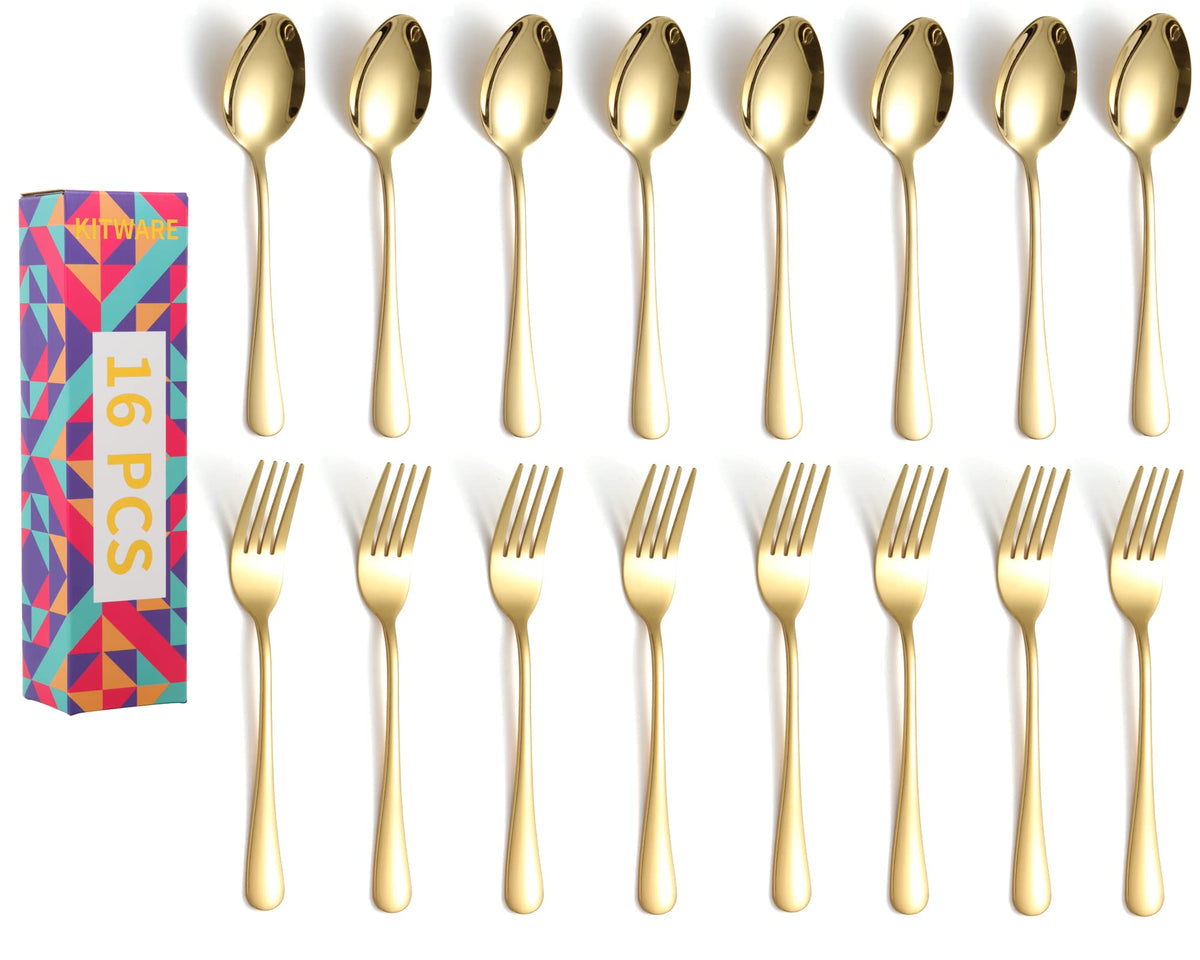 16-Piece Gold Forks And Spoons Silverware Set,Stainless Steel Flatware Cutlery For Kitchen Home Restaurant, Dinner Fork And Tabl