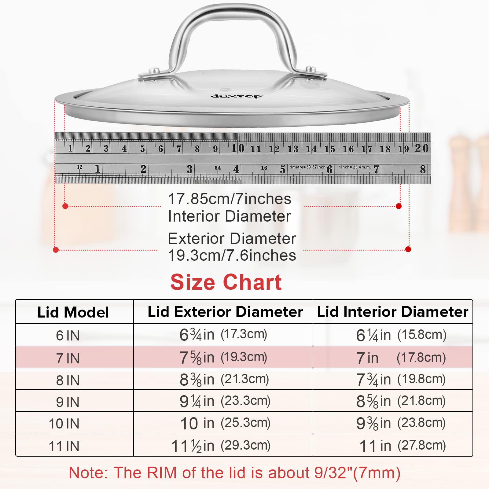 Duxtop Cookware Glass Replacement Lid (Interior Diameter: 7Inch, Exterior Diameter: 7-58Inch)