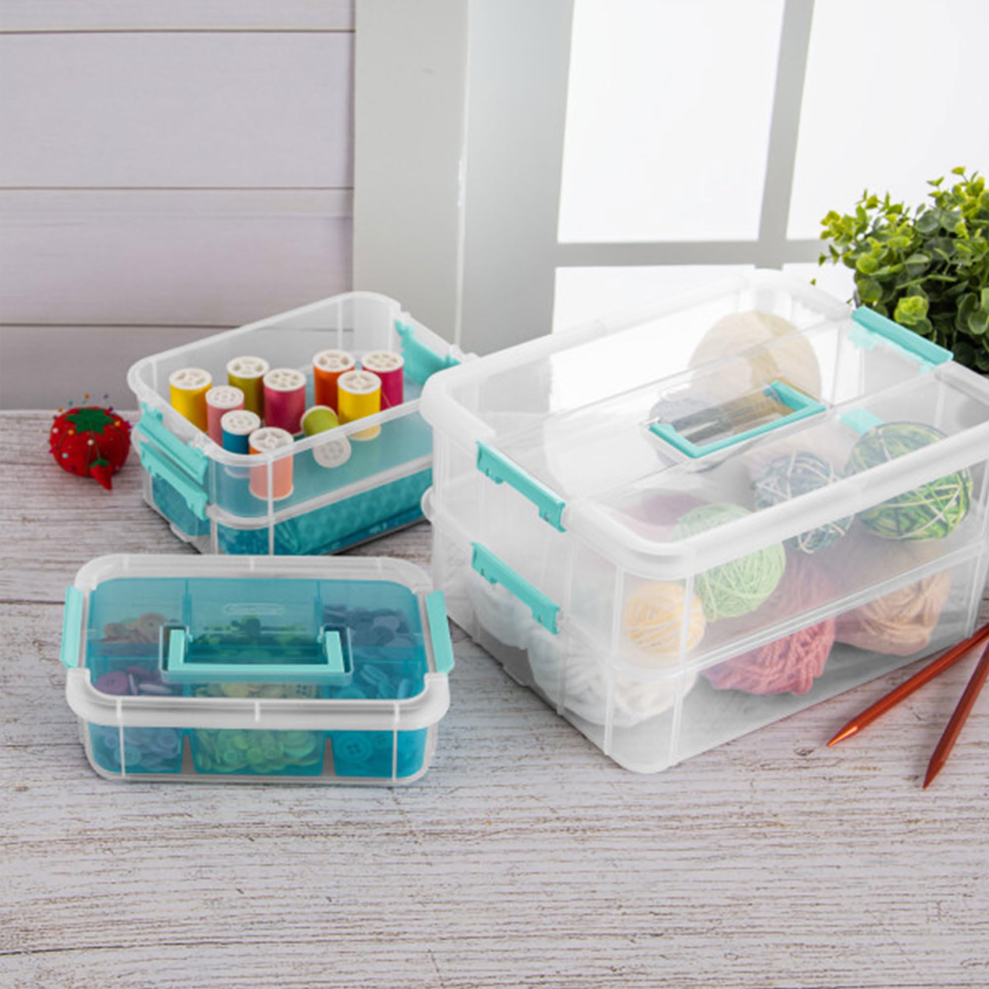 Sterilite 24 Pack Plastic Storage Box Container, 3 Layer, Stack And Carry, Clear/Blue