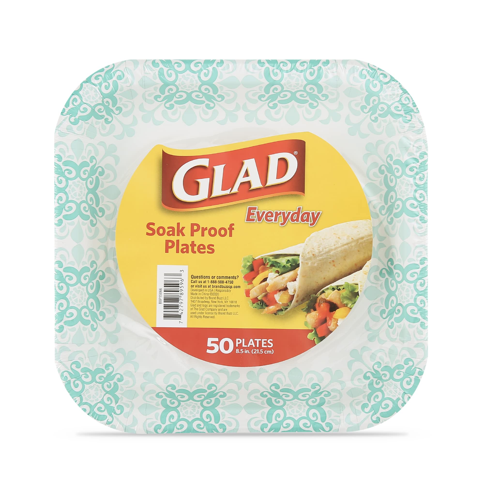 Glad Disposable Square Paper Plates With Aqua Victorian Design, 8.5 Inch Paper Plates | Heavy Duty Soak Proof Cut-Proof Paper Pl
