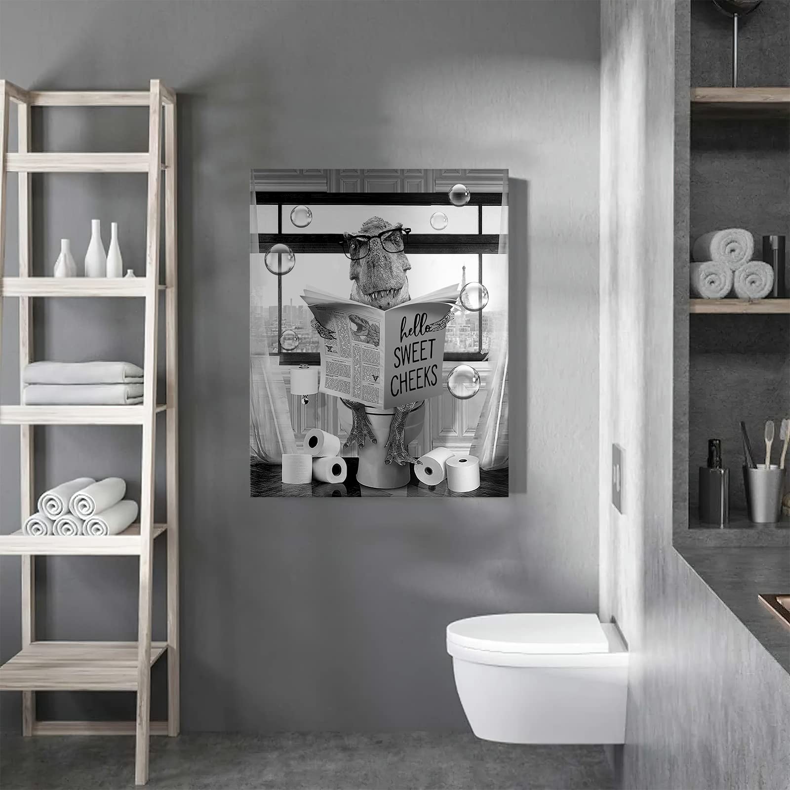 Funny Dinosaur Wall Art Black And White Bathroom Print Farmhouse Bathroom Animals Wall Decor Dinosaur Sitting In Toilet Reading