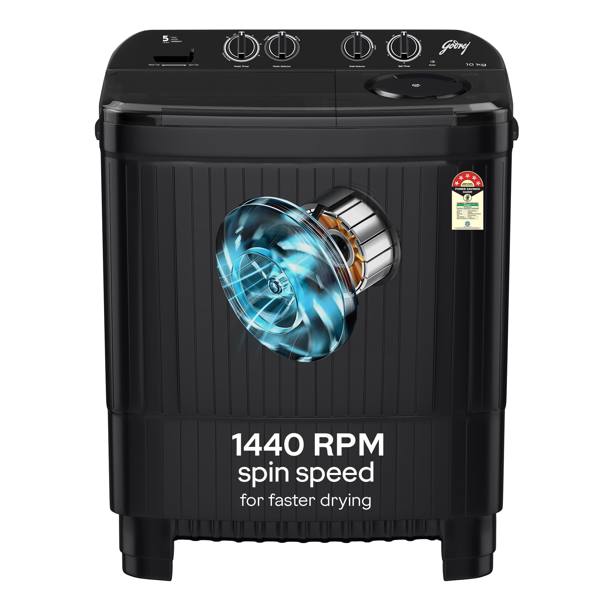 Godrej 10 Kg 5 Star, Tri-Roto Pulsator Ensure Powerful Scrub & Stain Removal, 370 W Powermax Wash For Heavy Laundry, Semi Automa