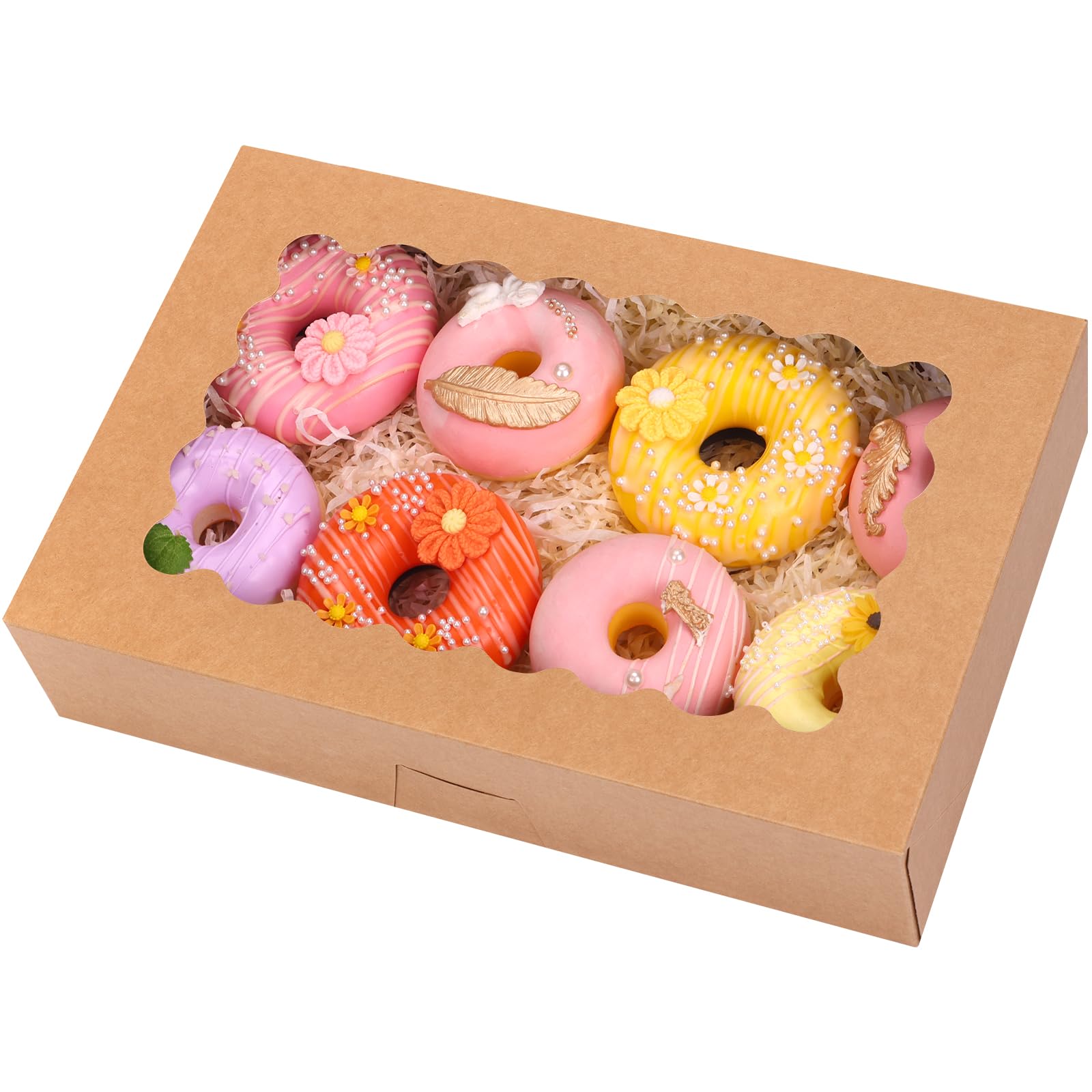 Moretoes 24pcs Bakery Boxes with Window, 12x8x2.5 Inches Auto-Popup Cookie Boxes for Muffins and Pastries (Brown)