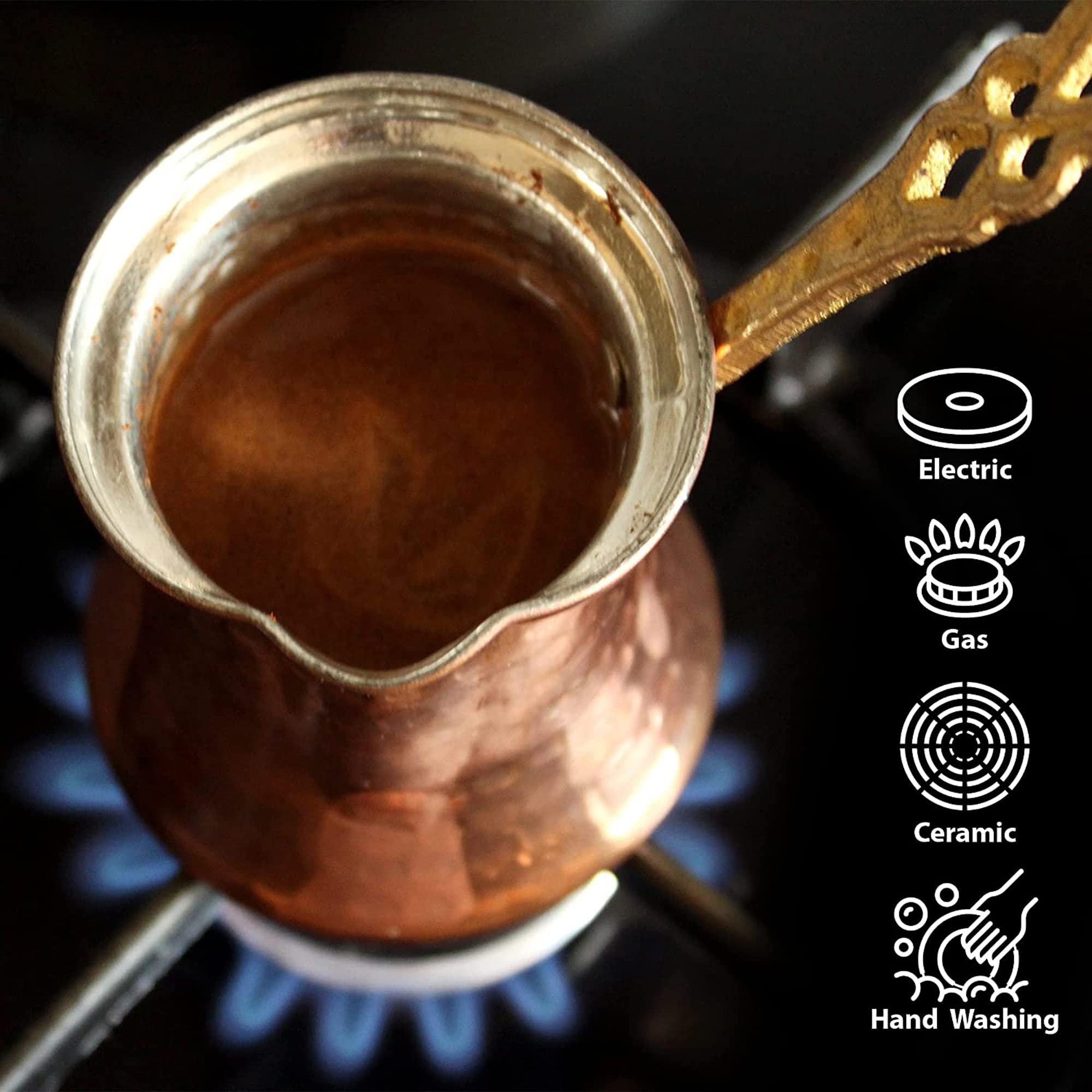 Hakan Turkish Coffee Pot, Greek Arabic Coffee Maker, Hammered Copper Coffee Cezve, Handmade Stove Top Coffee Maker With Brass Ha