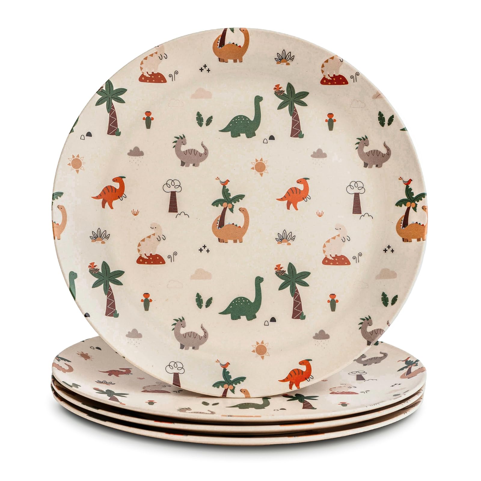 Nook Theory 4 Pack Reusable Bamboo Plates - Non-Toxic Toddler and Kids Plate, Dishwasher Safe, Not Microwavable Dinnerware (Dino
