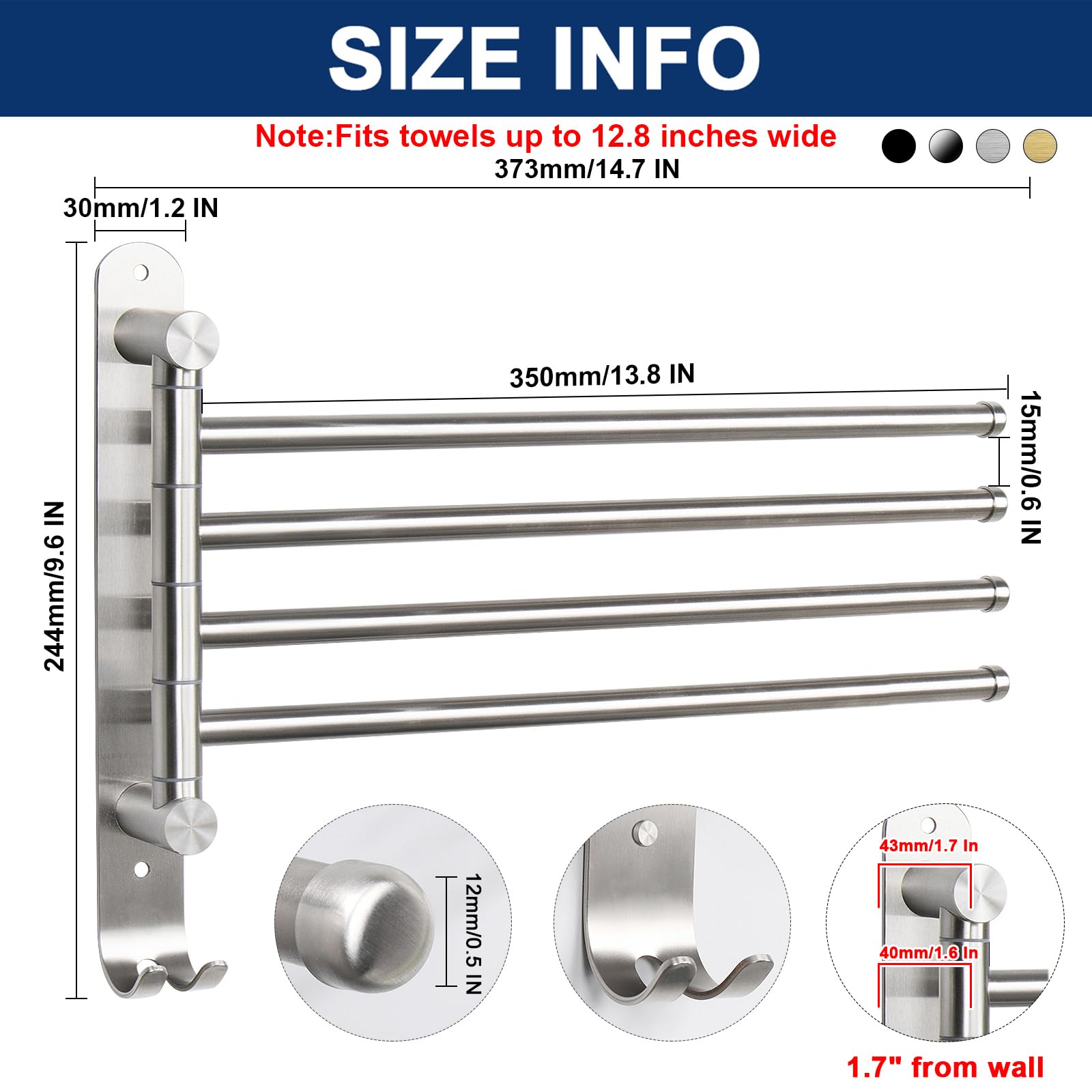 NearMoon Swivel Towel Rack  Thicken SUS304 Stainless Steel 4-Arm Towel Bar  Space Saving Wall Mounted Towel Holder with Hook  Rustproof Swing Out Towel Hanger for Bathroom  Kitchen (Brushed Nickel)