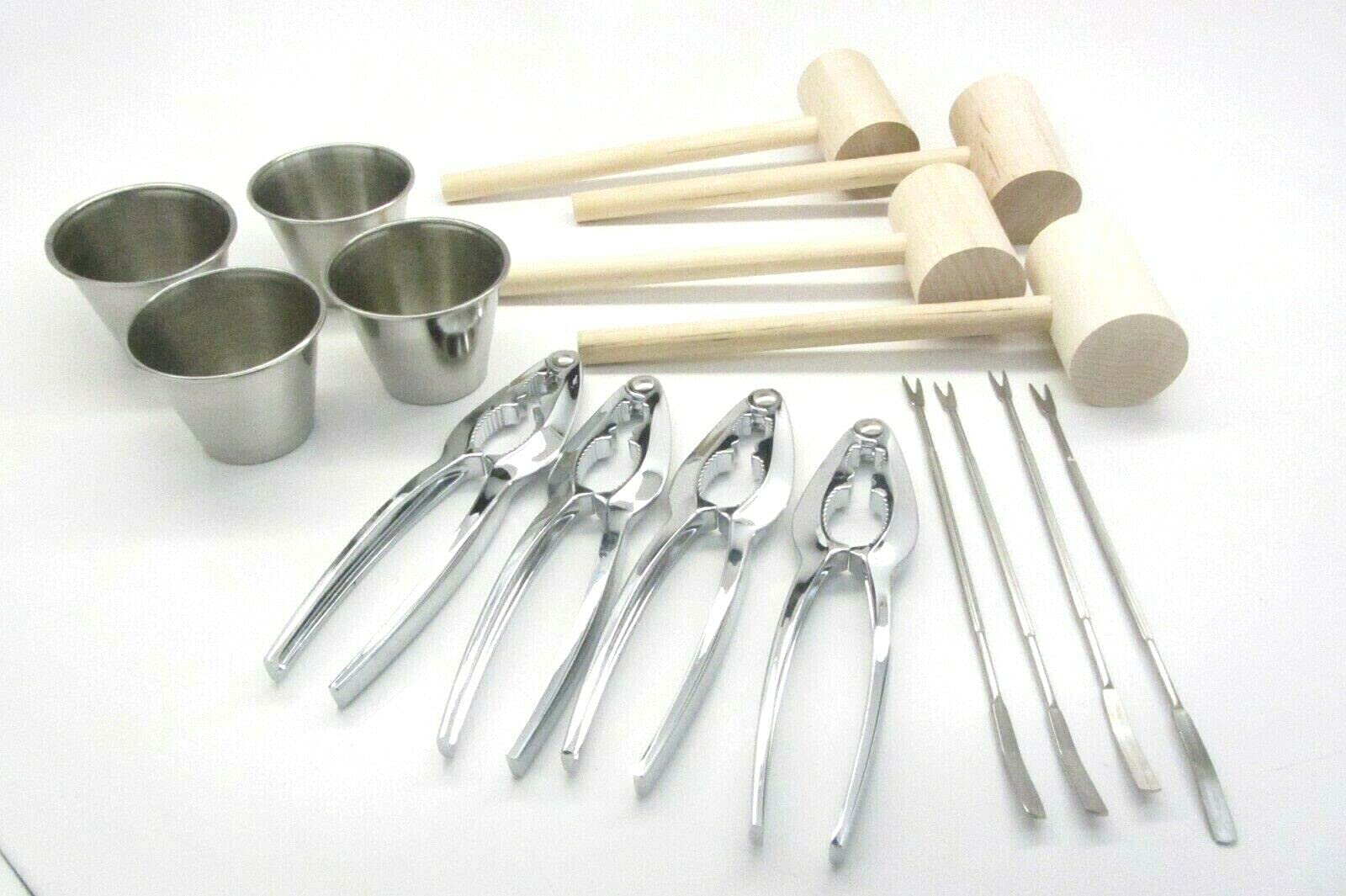24Pc Lobster Bake Crab Shellfish Seafood Tool Kit Metal Crackers Picks Forks Mallets Bibs