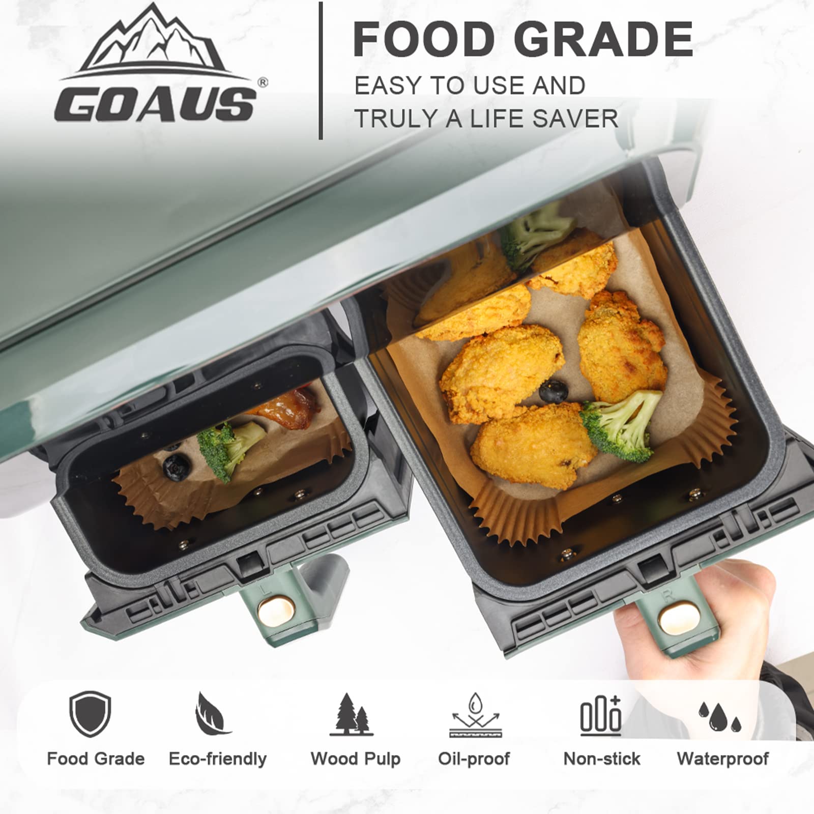 Goaus Air Fryer 100 Pcs Rectangular Paper Liners Disposable For Dual Air Fryer 2 Baskets 8 To 10 Qt, 8.6X5.5 Inches Parchment Pa