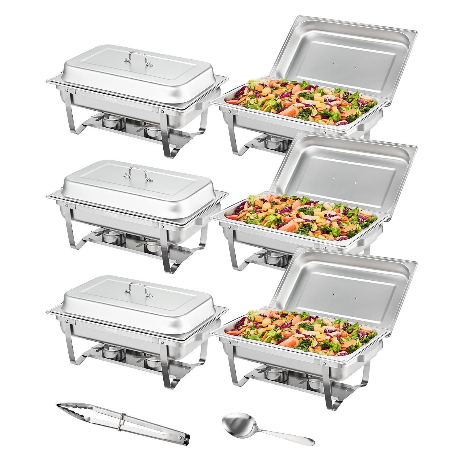 VEVOR Chafing Dish Buffet Set, 8 Qt 6 Pack, Stainless Chafer w/ 6 Full Size Pans, Rectangle Catering Warmer Server w/Lid Water P
