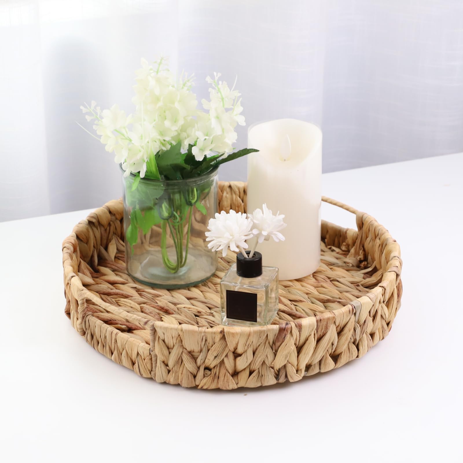 Yrmt Water Hyacinth Serving Tray Round Woven Tray With Handles Boho Decorative Tray For Breakfast, Coffee, Table, Dining 13'' X