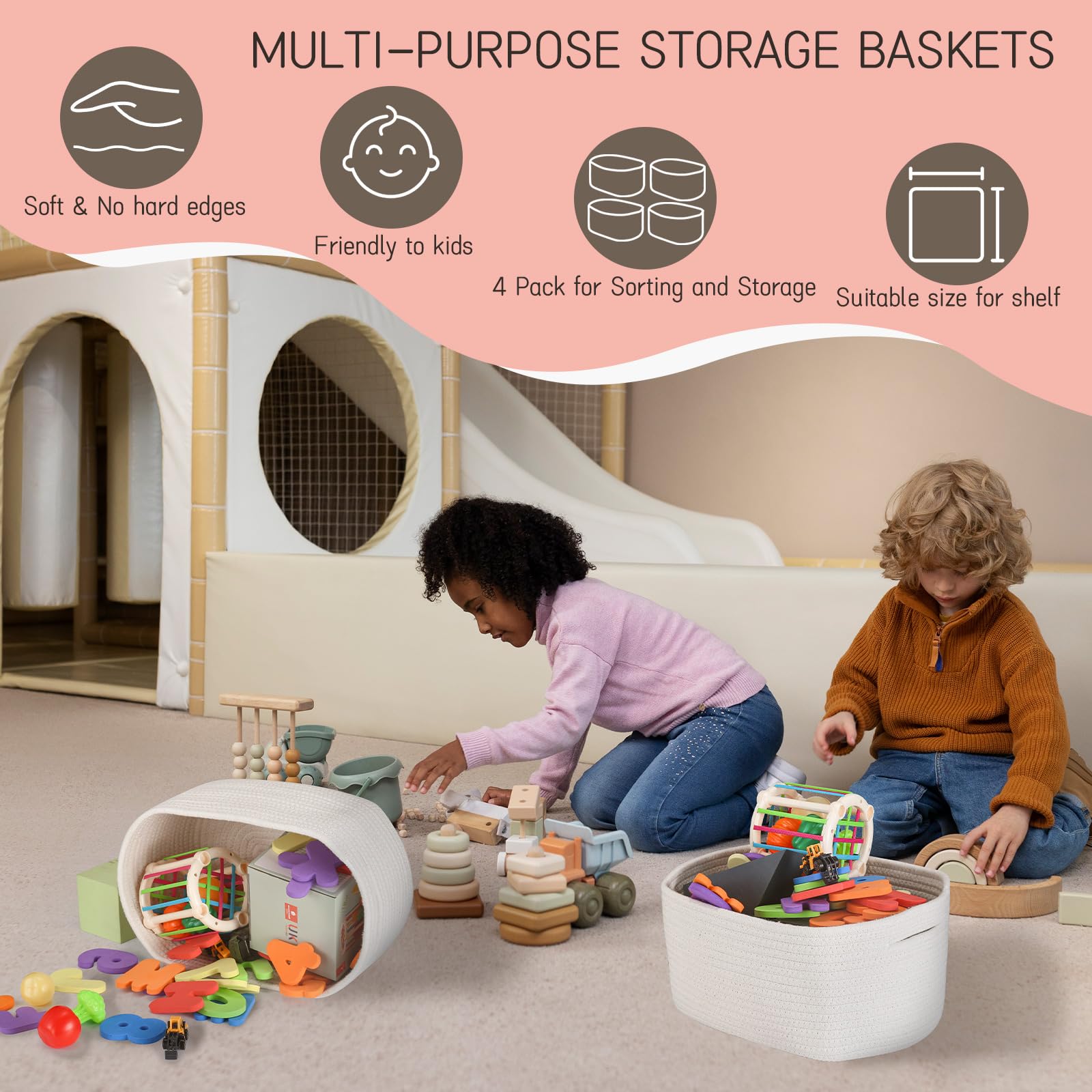Sutine 4Pcs Storage Baskets For Organizing, Rectangular Woven Baskets For Storage, Cotton Rope Storage Bins For Shelves, Cube St