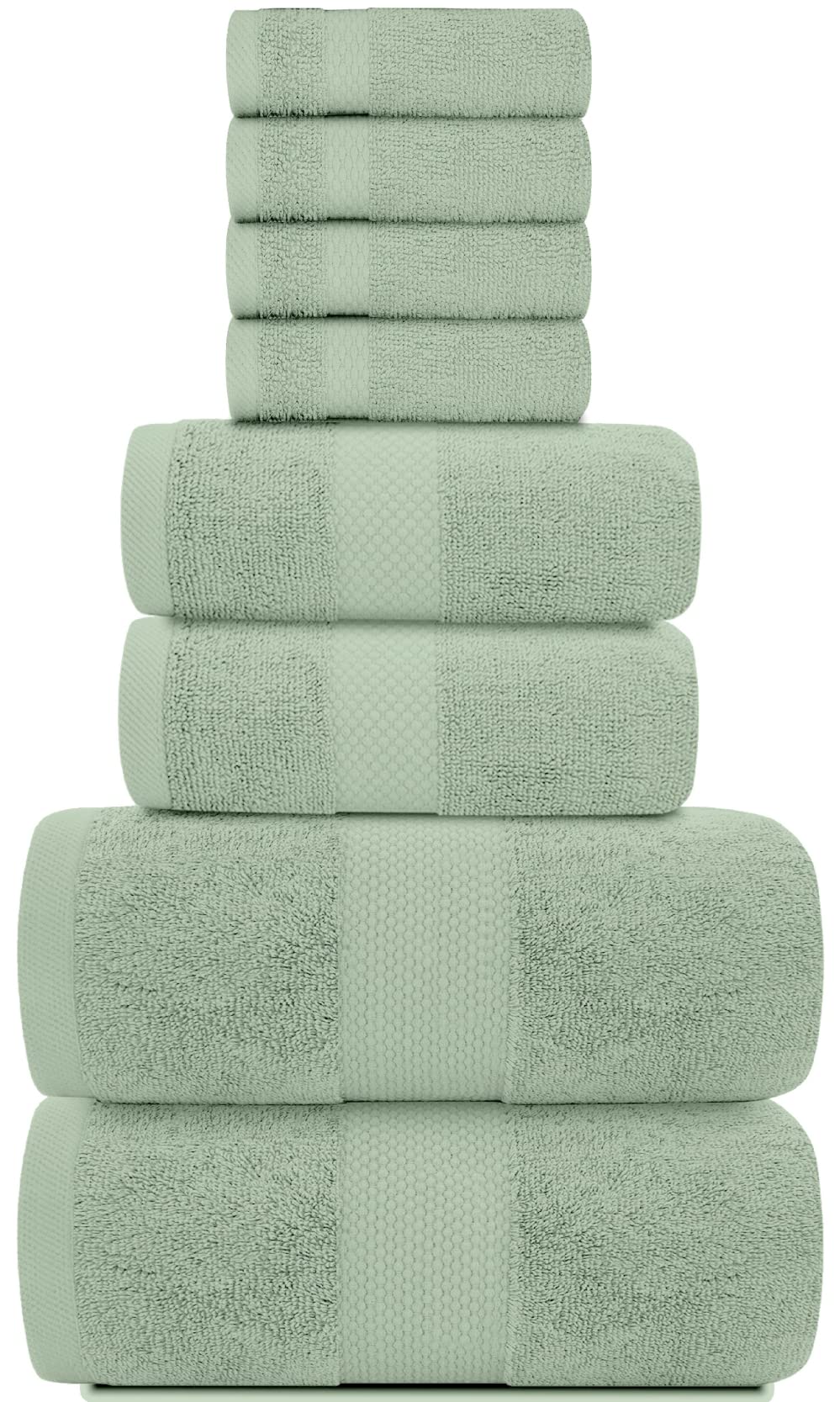 White Classic Luxury Green Bath Towel Set - Combed Cotton Hotel Quality Absorbent 8 Piece Towels | 2 Bath Towels | 2 Hand Towels