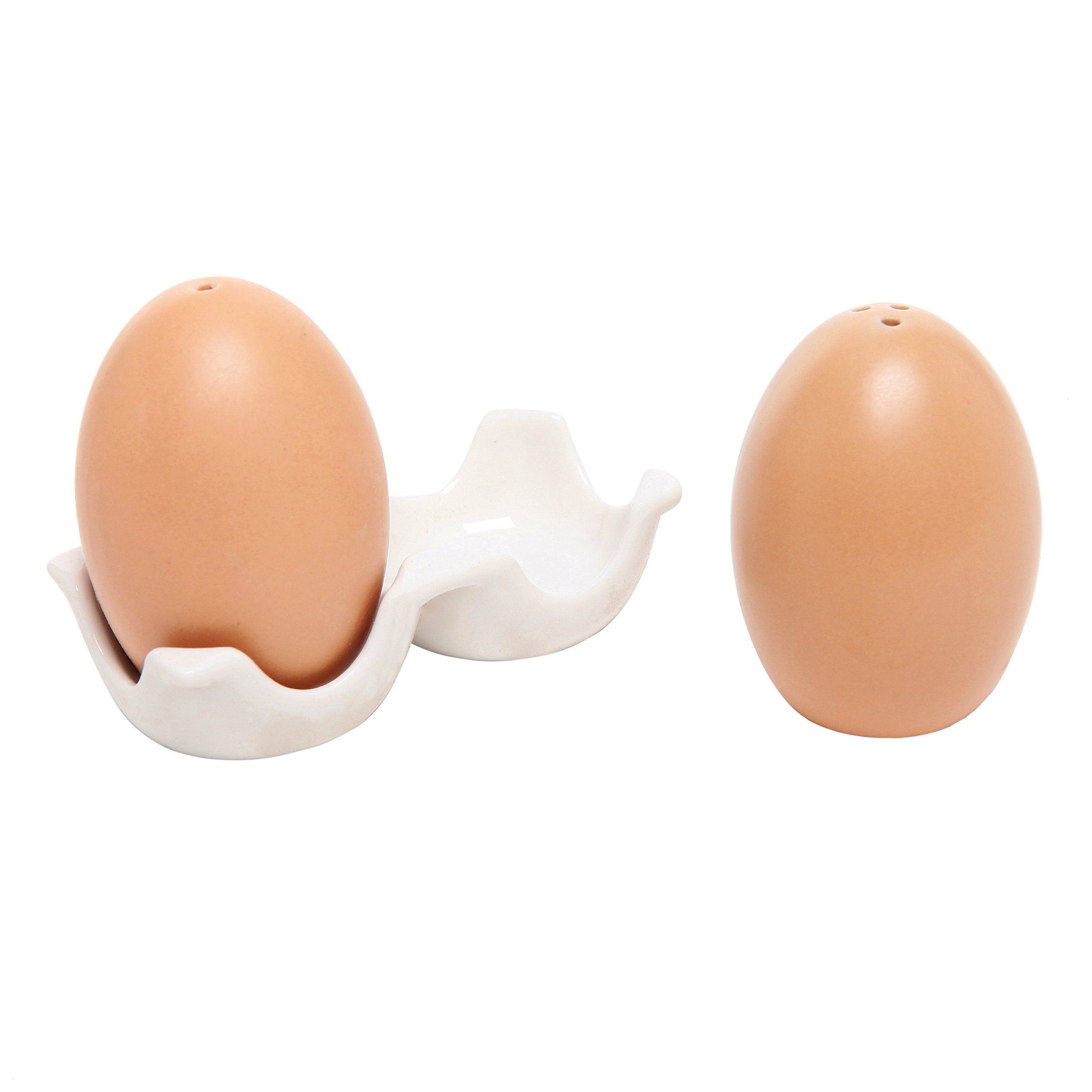 Mygift Ceramic Salt And Pepper Shaker Set, Mini Brown Egg Shaped Shakers With Carton Design Holding Stand, 3 Piece