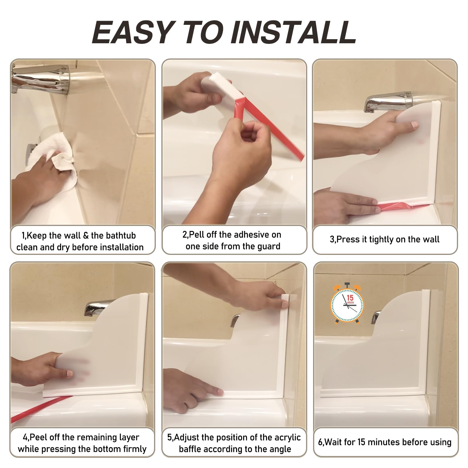 FAILUN Shower Splash Guard - 2pcs Self-Adhesive Water Barrier for Bathtub Corner, 9.25"x9.25", White Acrylic