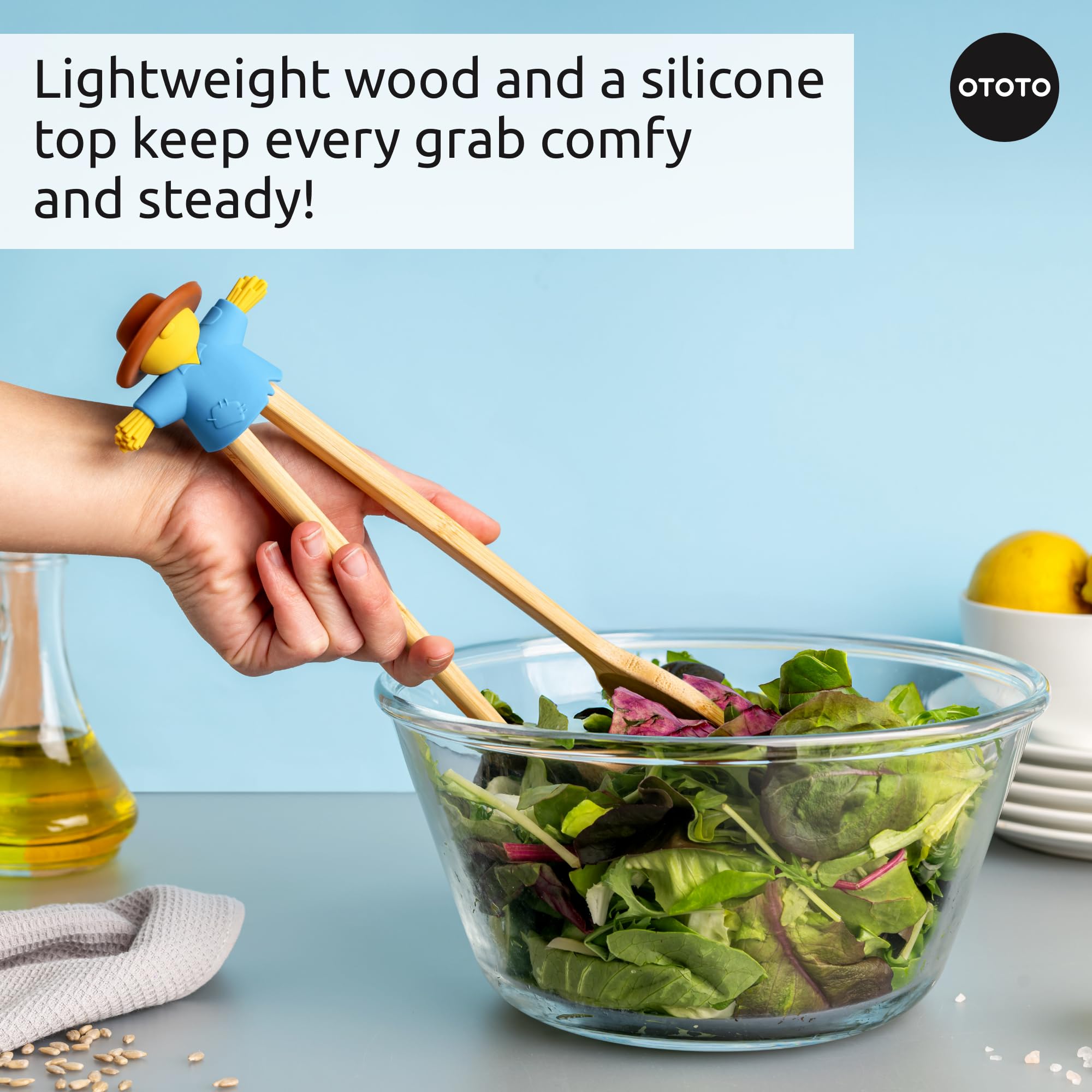 NEW - OTOTO Sal Scarecrow Salad Tongs (2-Piece) - Wooden Tongs Set, Food Safe Toaster Tongs for Serving, Cute Kitchen Tongs, Coo