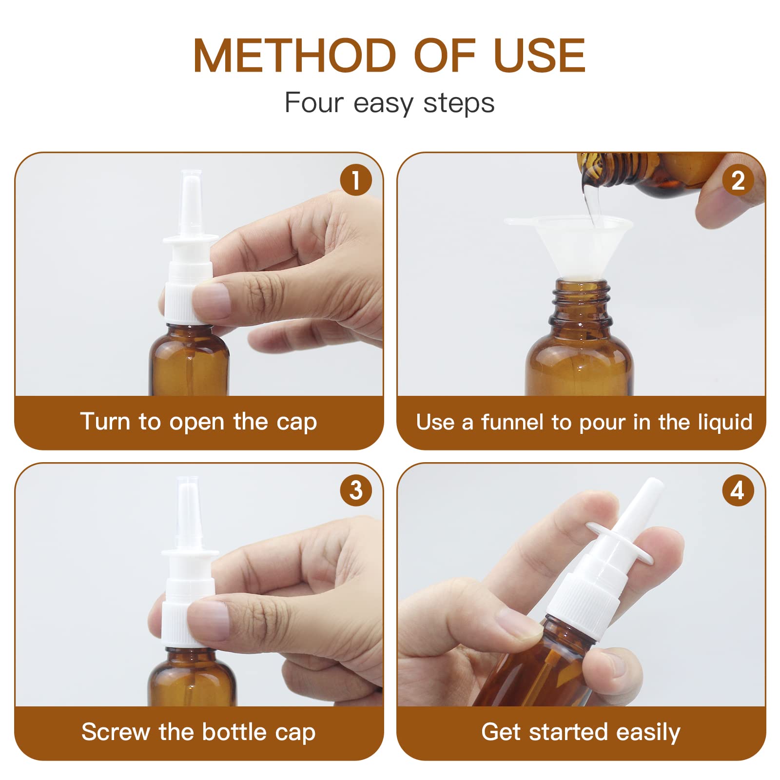 Nasal Spray Bottle, 6 Pcs 30Ml/1Oz Glass Amber Refillable Fine Mist Sprayers Atomizers, Small Empty Nasal Sprayer With Funnels A