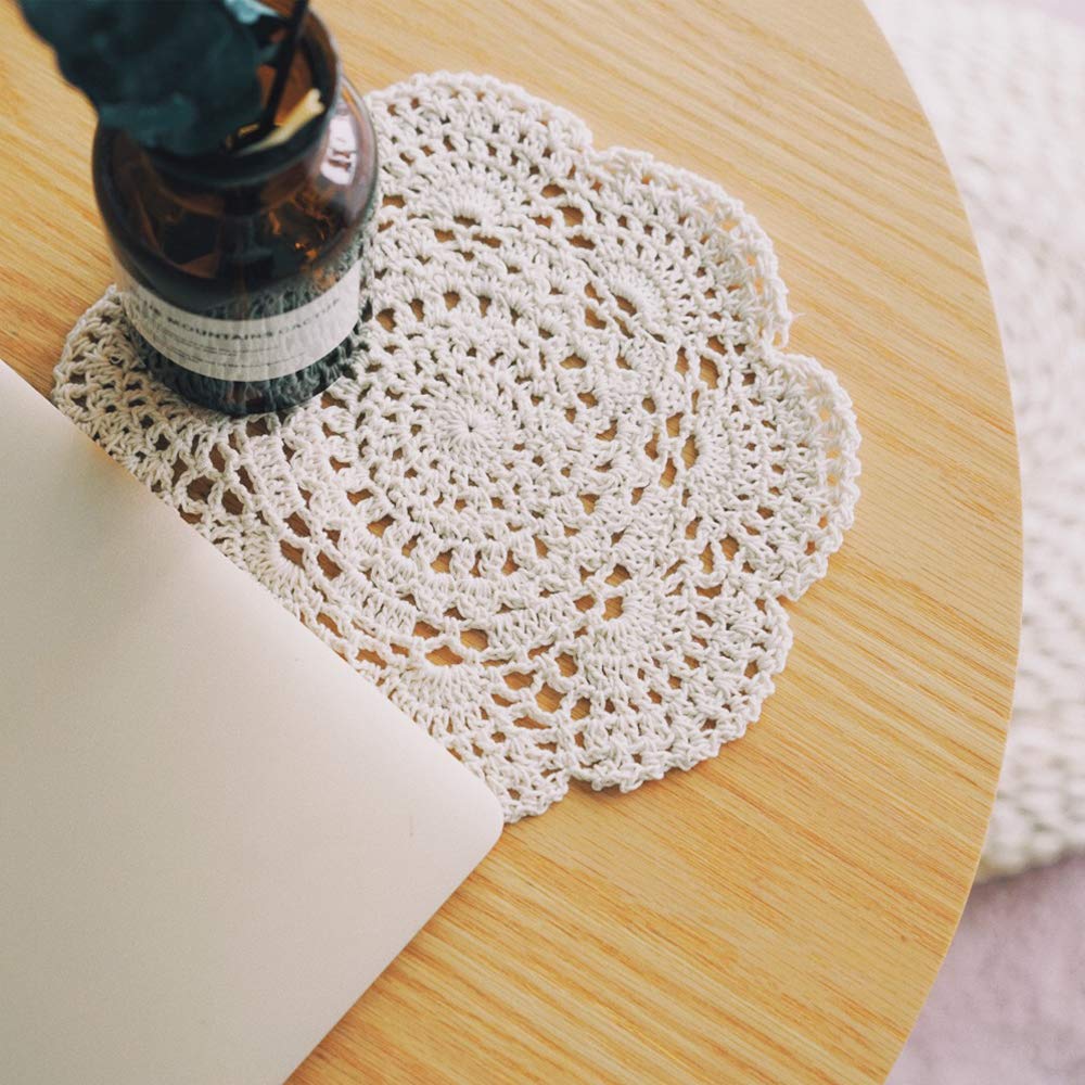 Phantomon 8 Inch Doilies Crochet Round Lace Doily Handmade Placemats 100% Cotton Crocheted Coasters, Pack Of 4 (Beige)